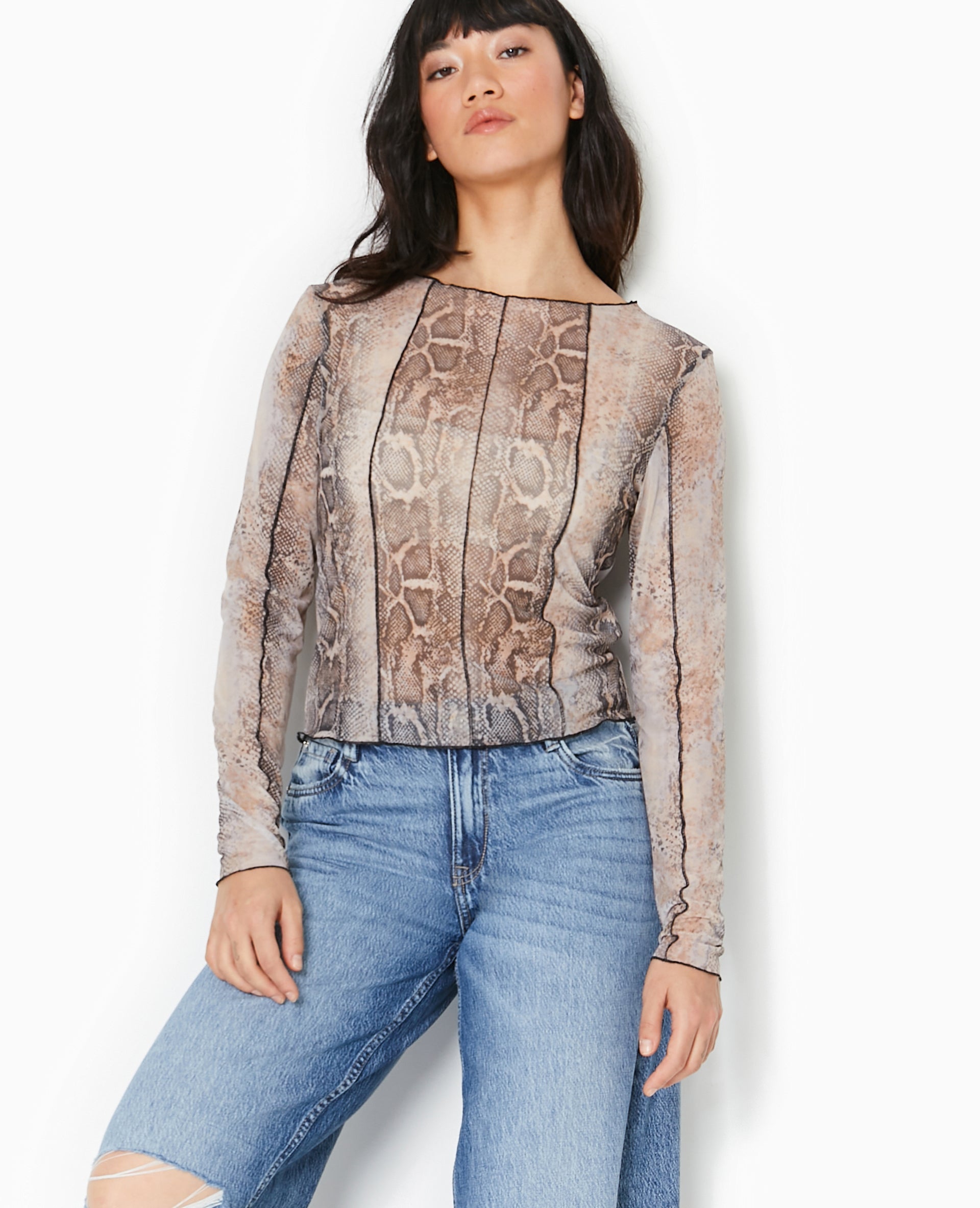 Top manches longues en tulle motif python