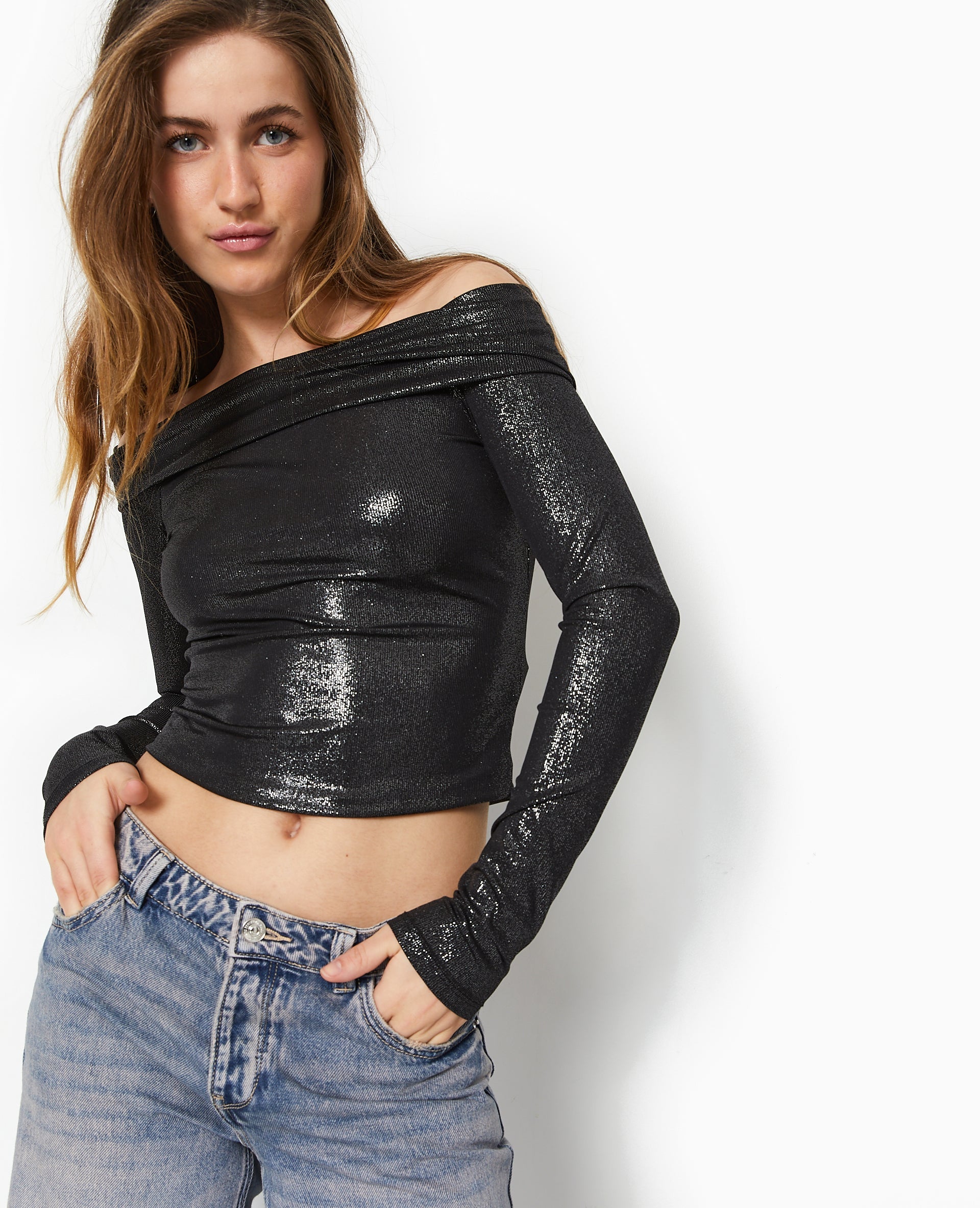 Top encolure Bardot avec paillettes