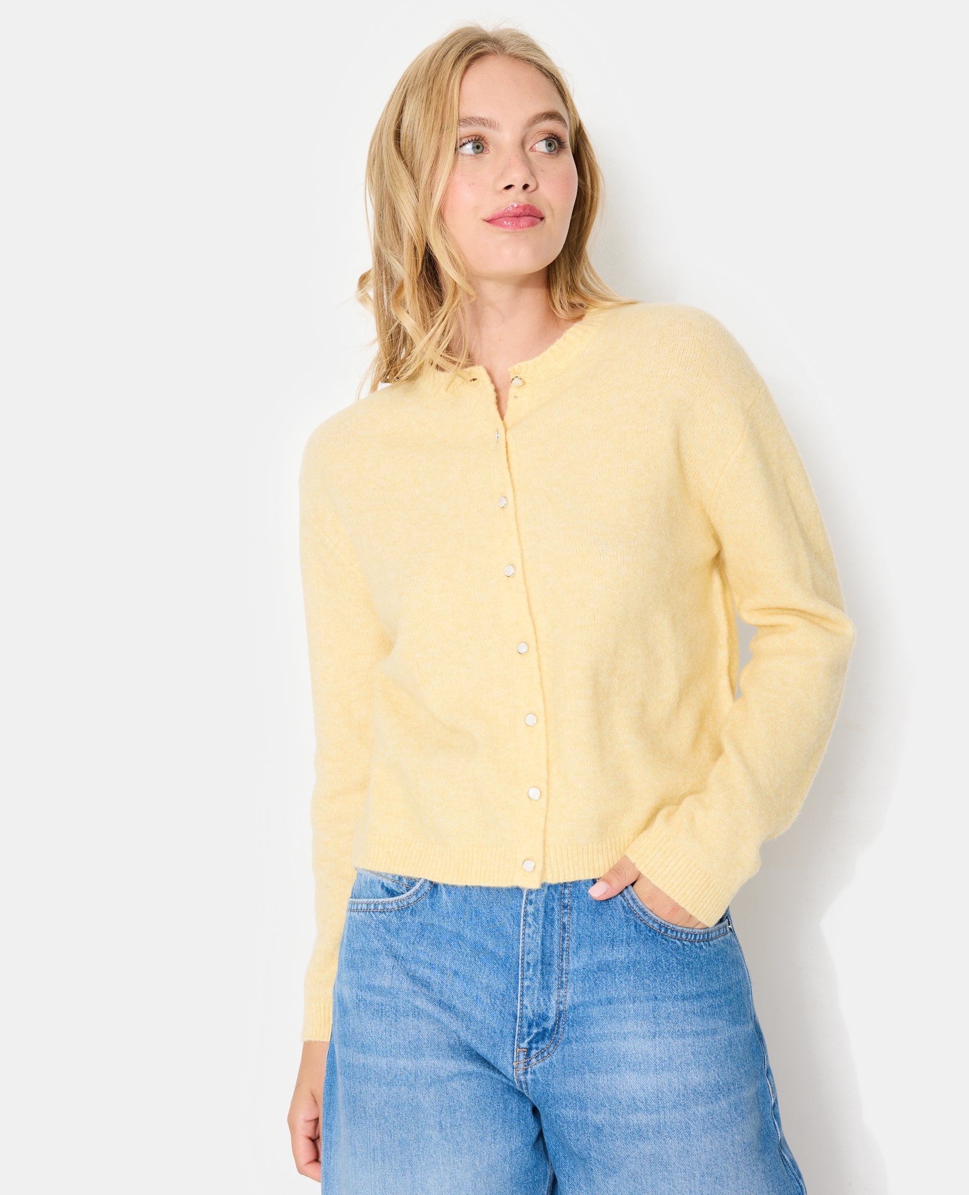 Gilet col rond avec bouton effet nacre