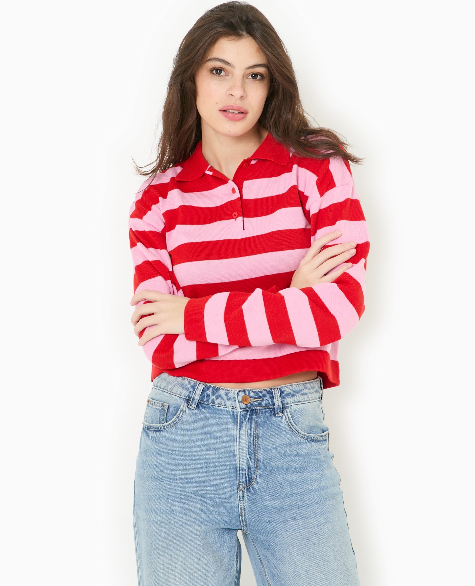 Pull col polo en maille rayée