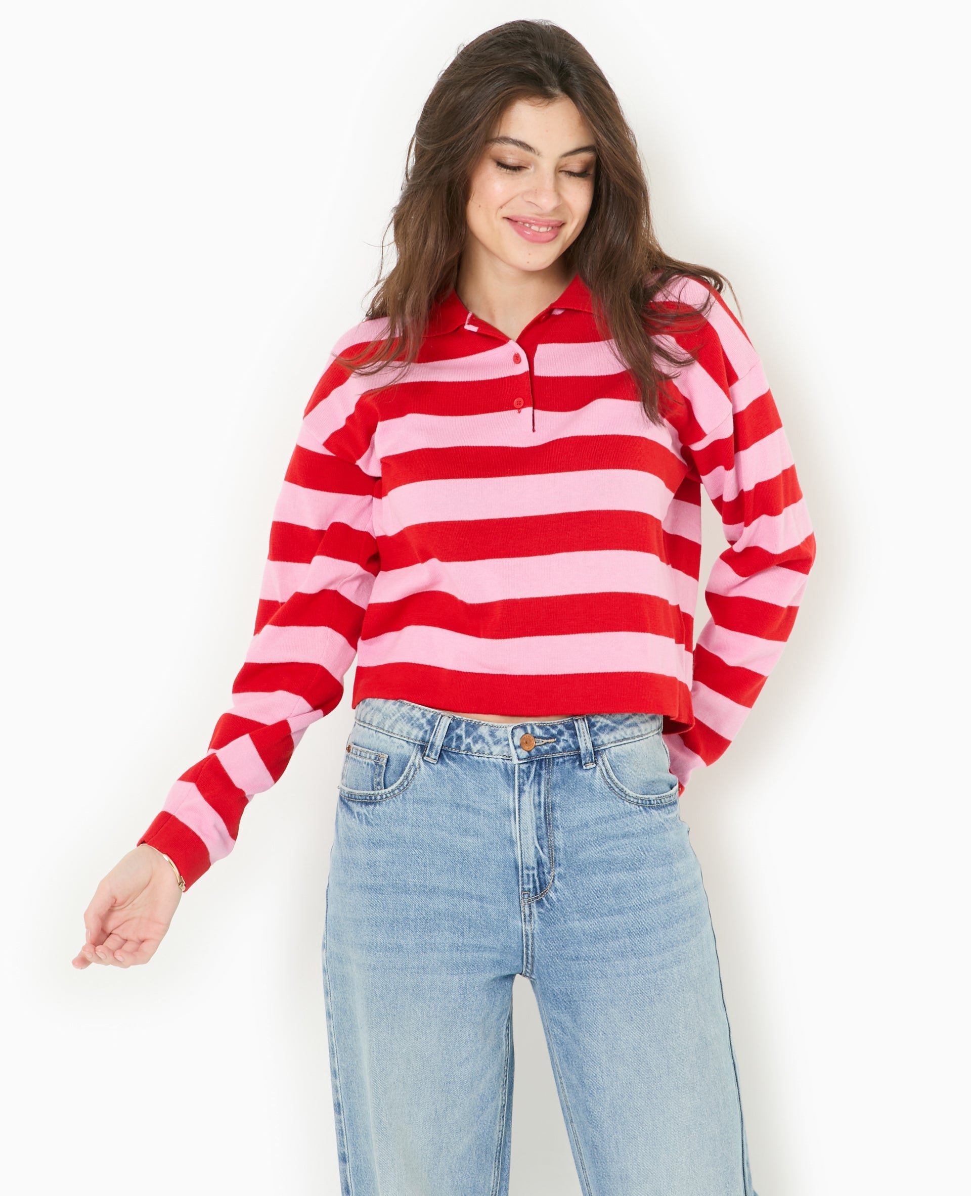 Pull col polo en maille rayée