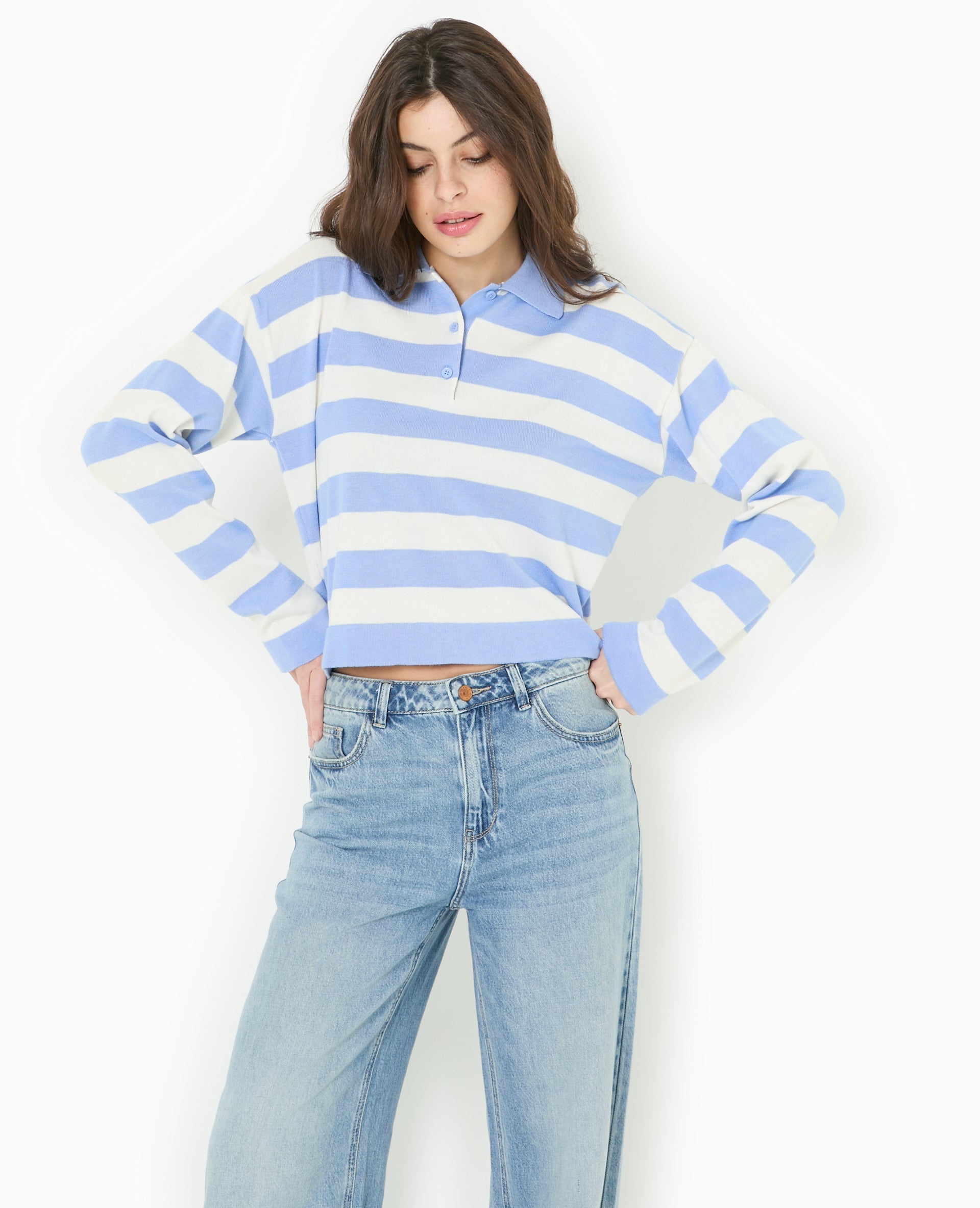 Pull col polo en maille rayée