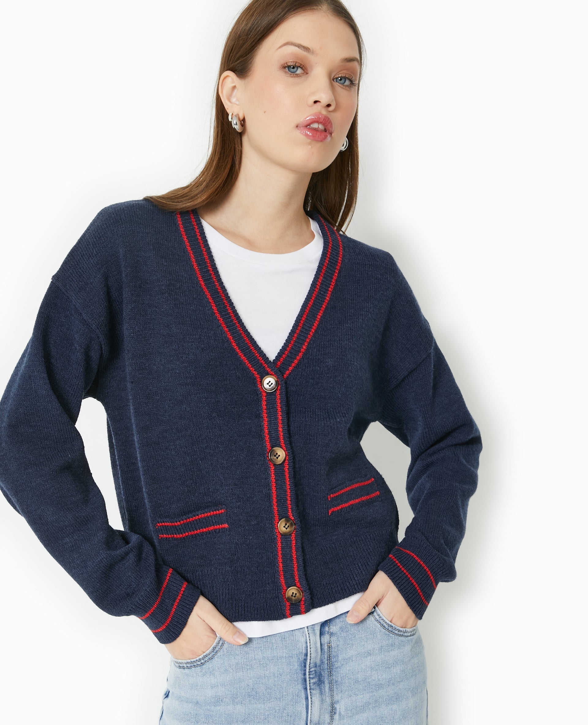 Gilet col V avec bords contrastés
