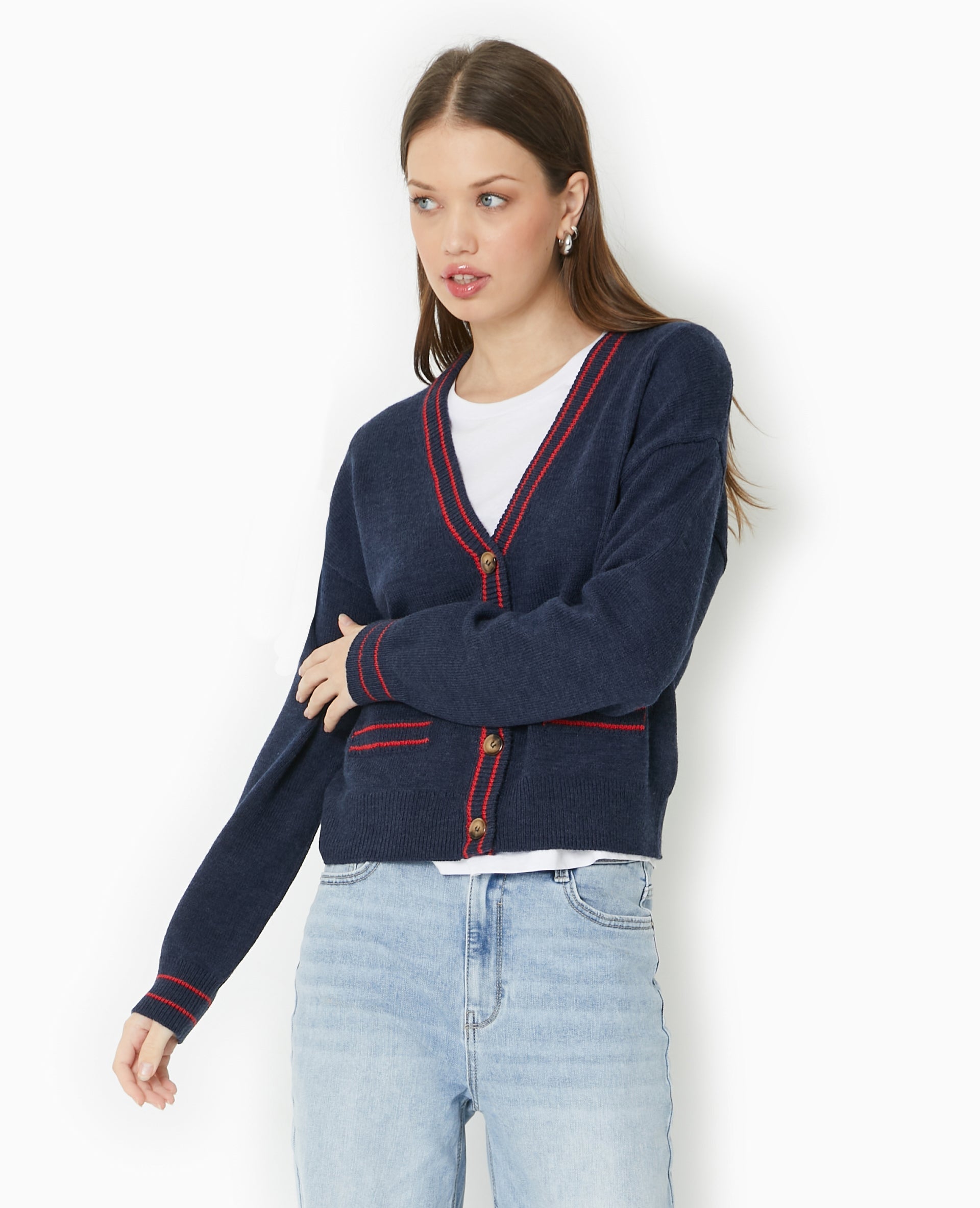 Gilet col V avec bords contrastés