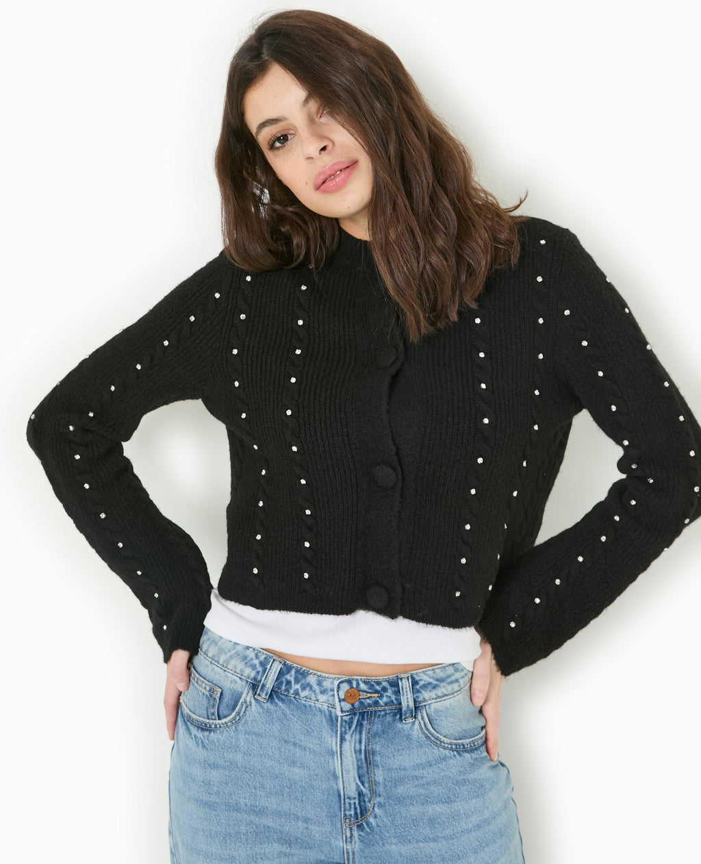 Gilet col rond avec torsades et strass