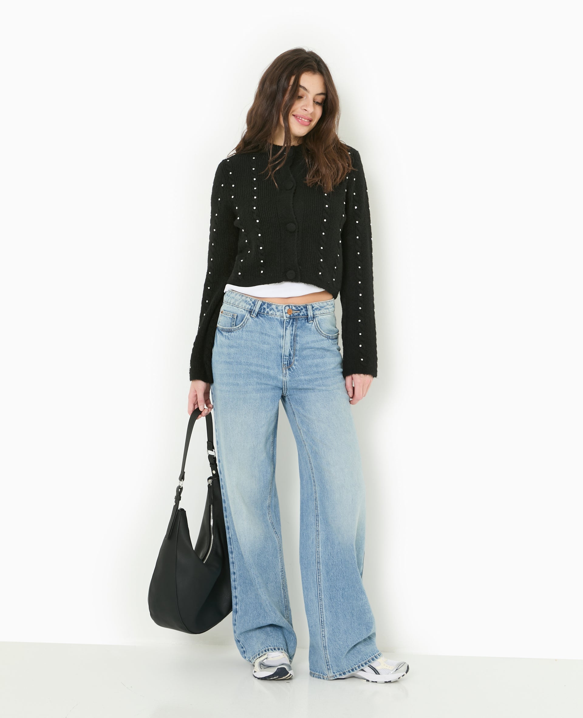Gilet col rond avec torsades et strass