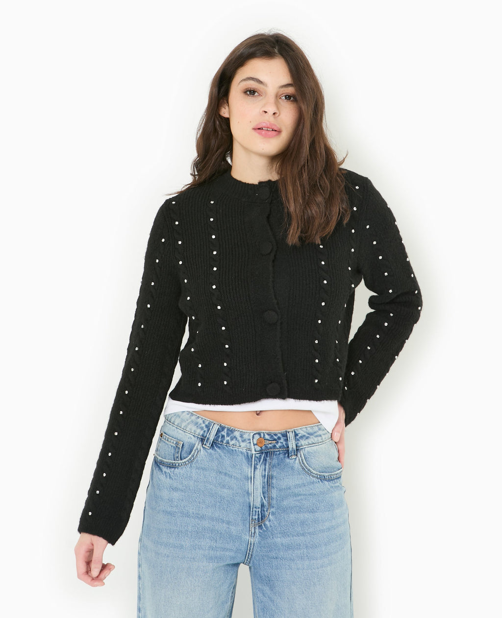 Gilet col rond avec torsades et strass