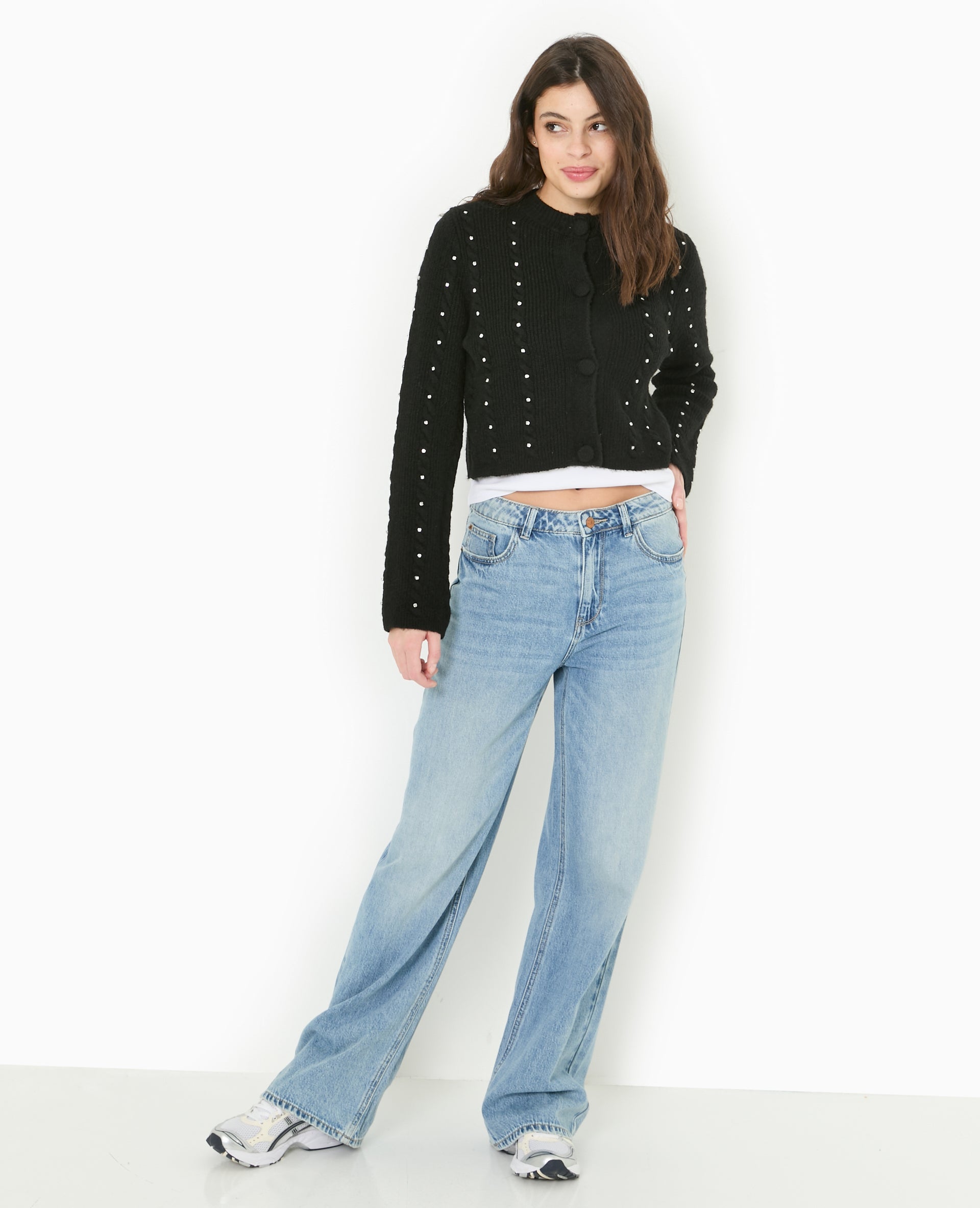 Gilet col rond avec torsades et strass
