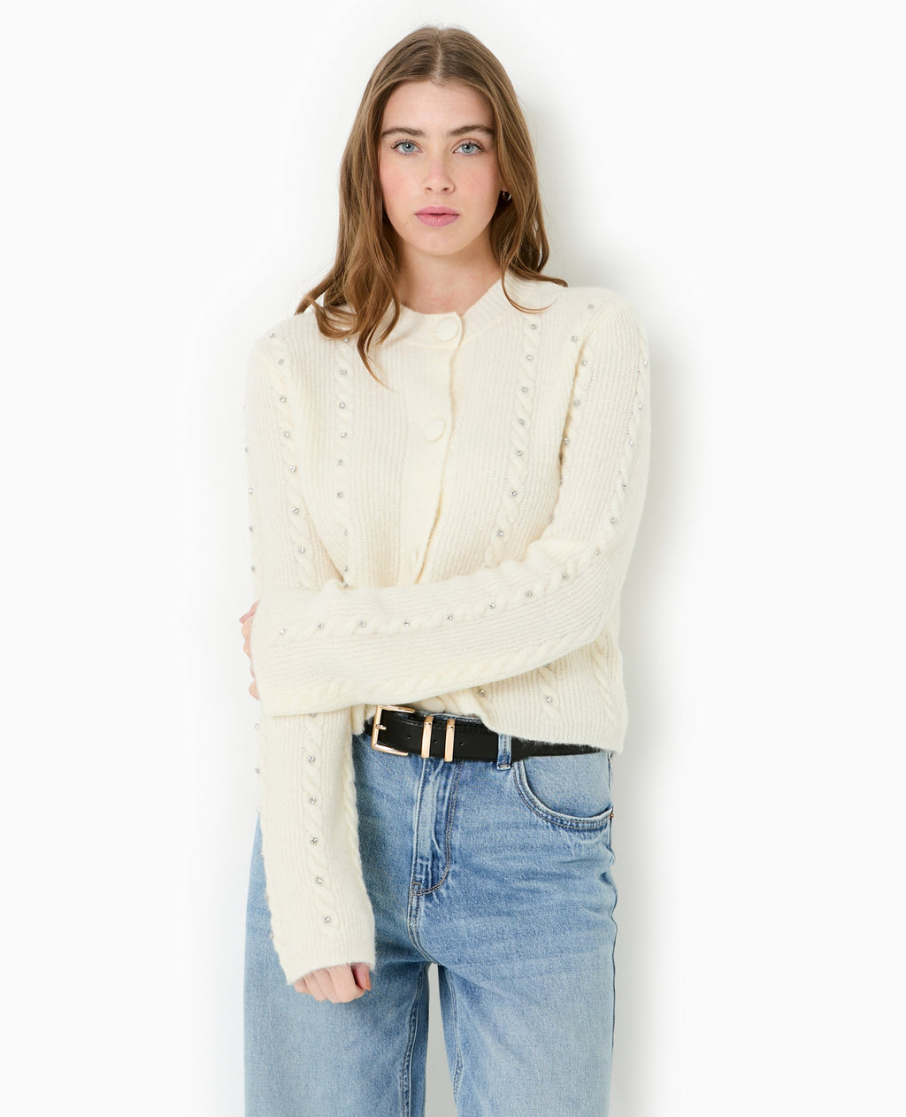 Gilet col rond avec torsades et strass