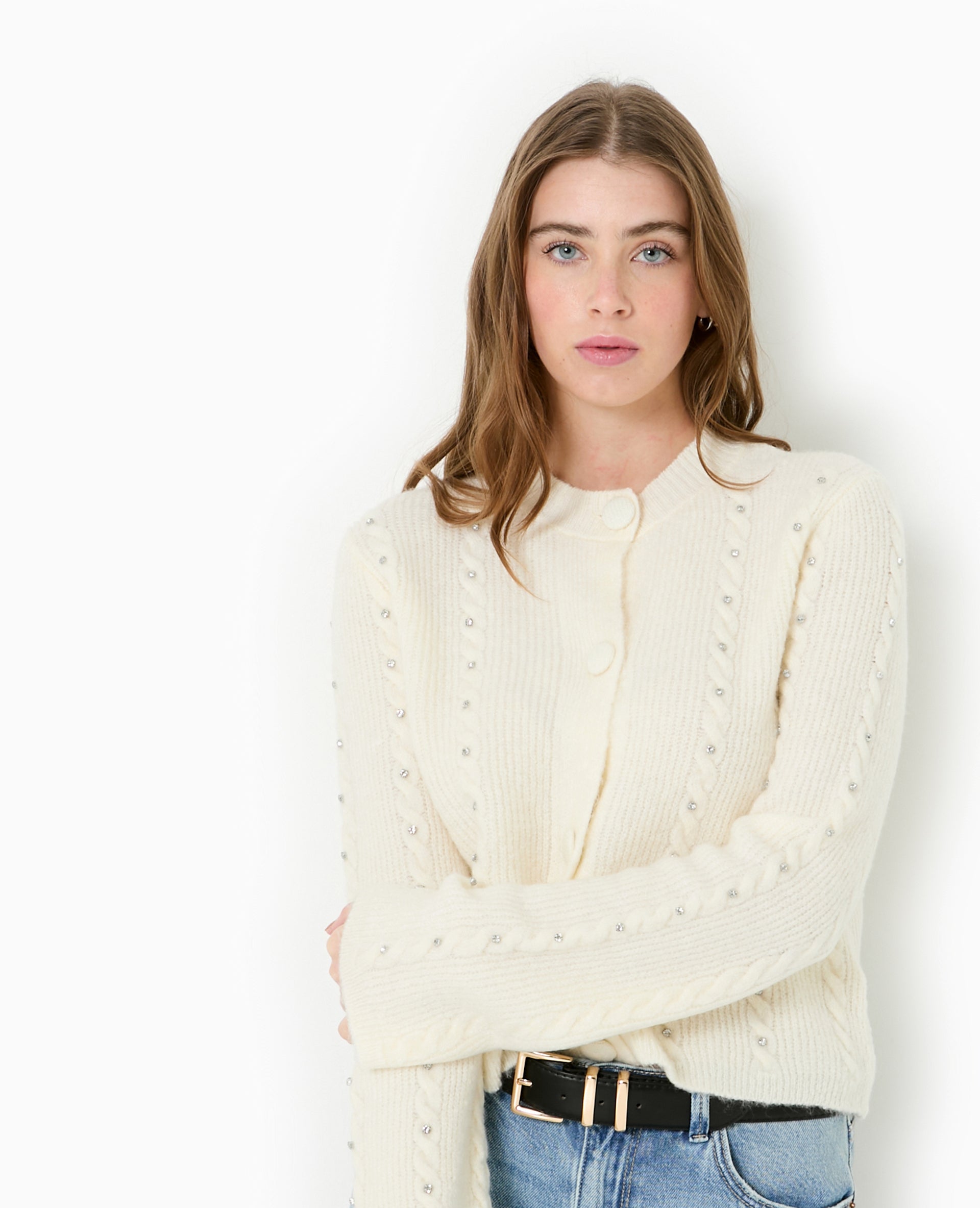 Gilet col rond avec torsades et strass