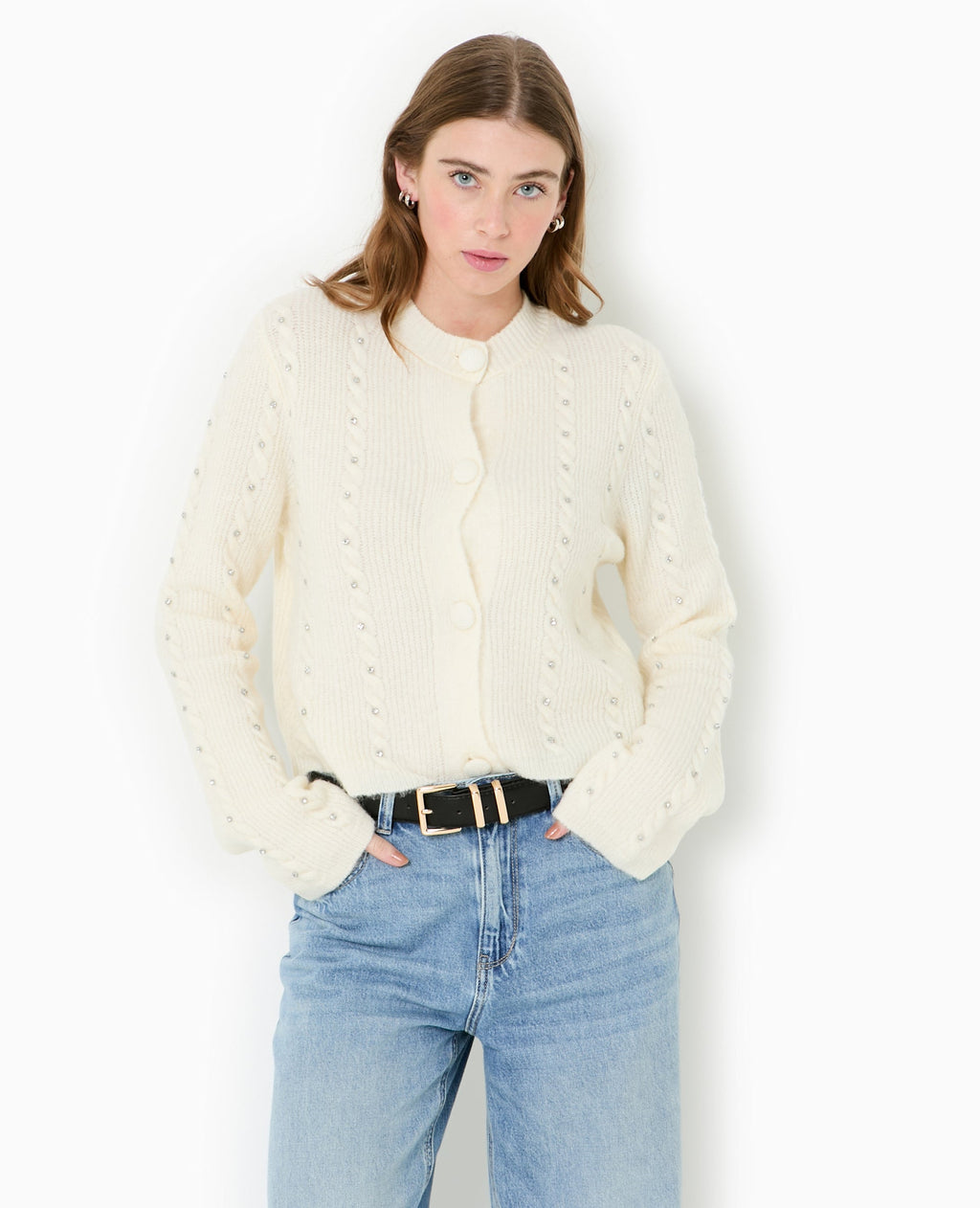 Gilet col rond avec torsades et strass