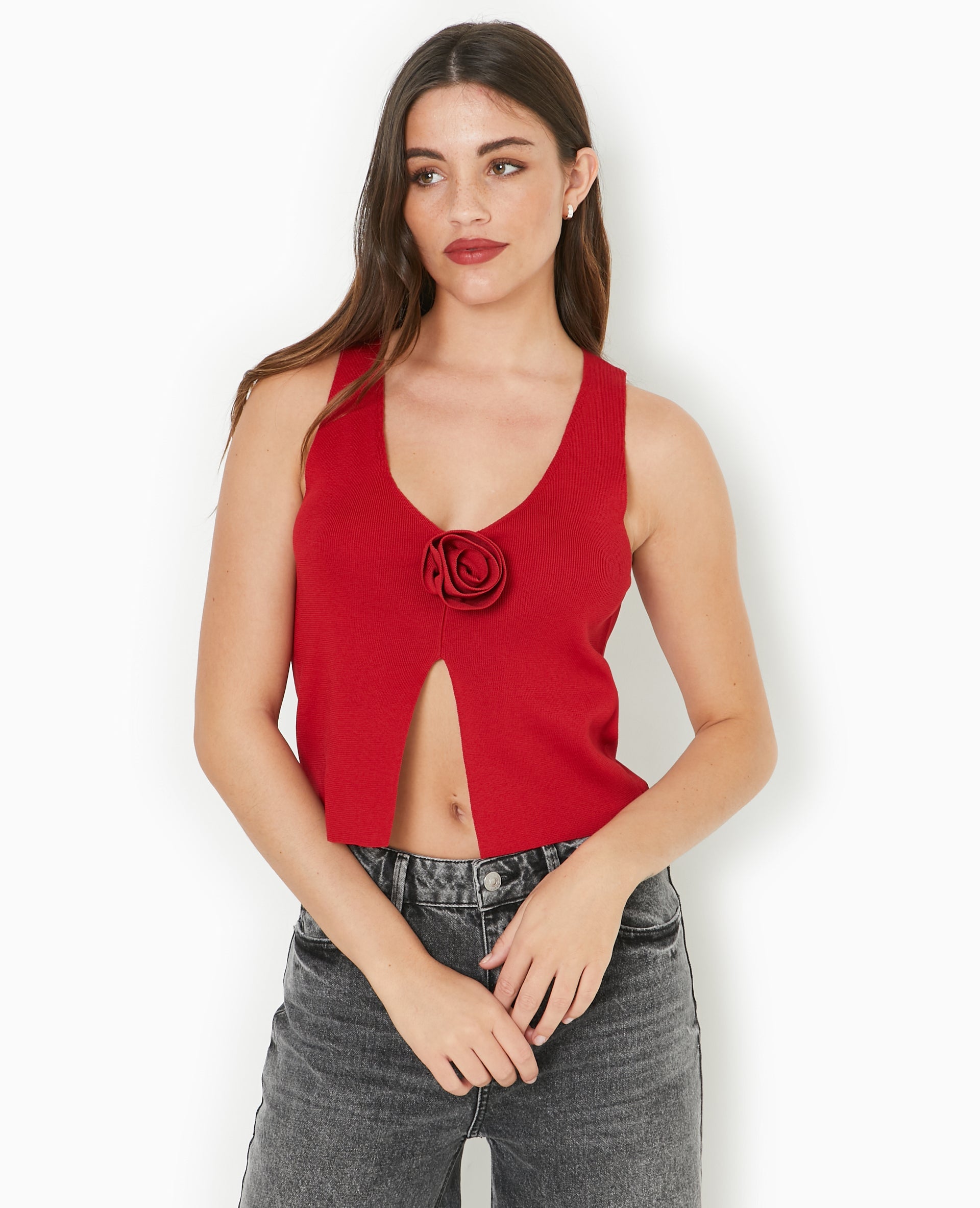 Top sans manches en maille avec fleur