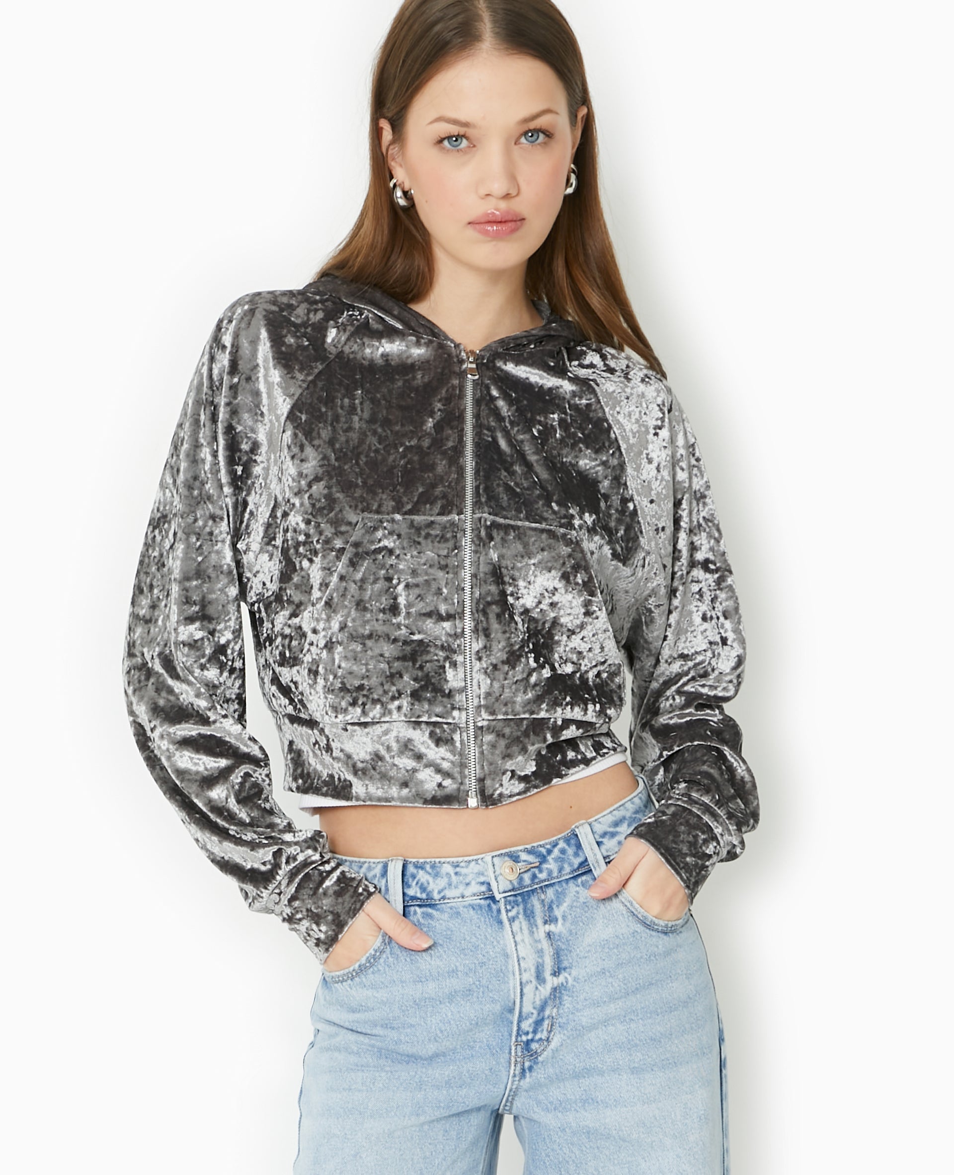 Sweat zippé en velours avec capuche