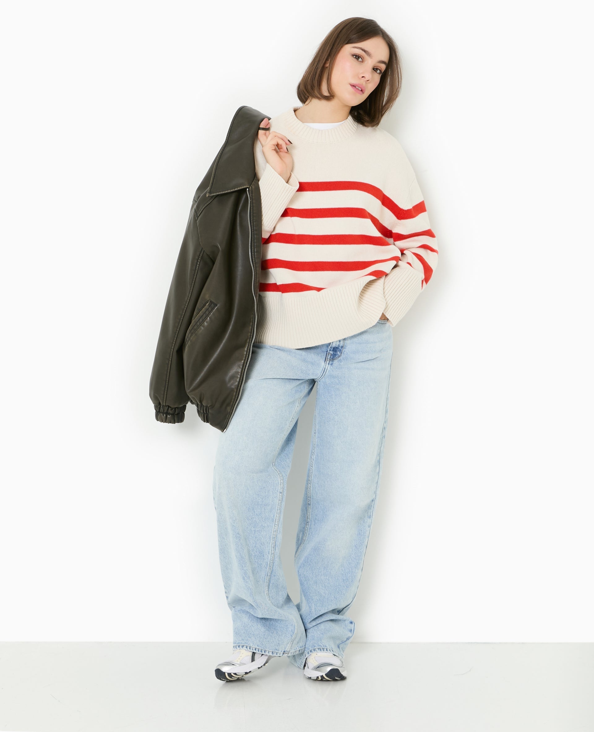 Pull oversize rayé avec grands bord-côtes