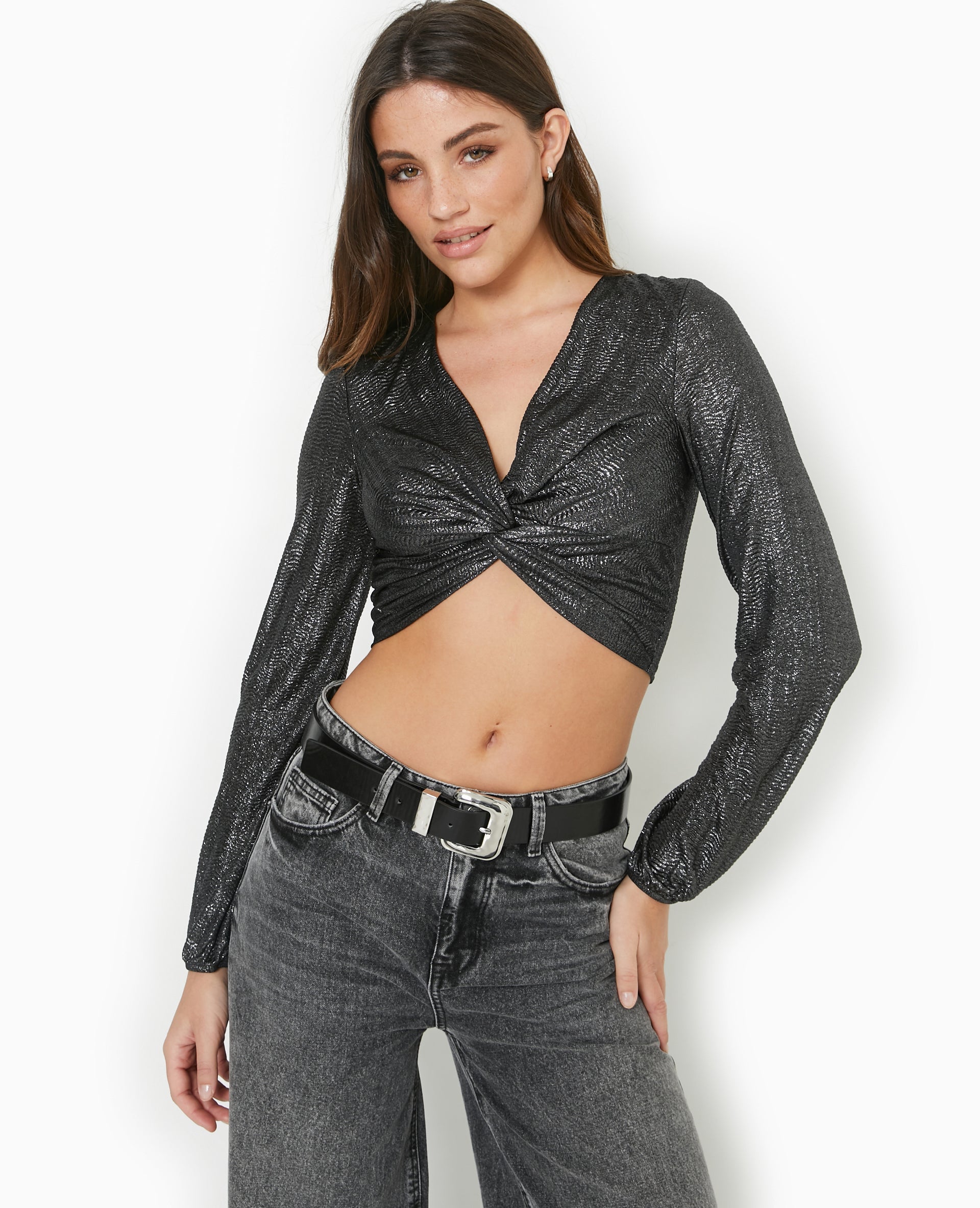 Top court en tissu texturé avec lurex doré
