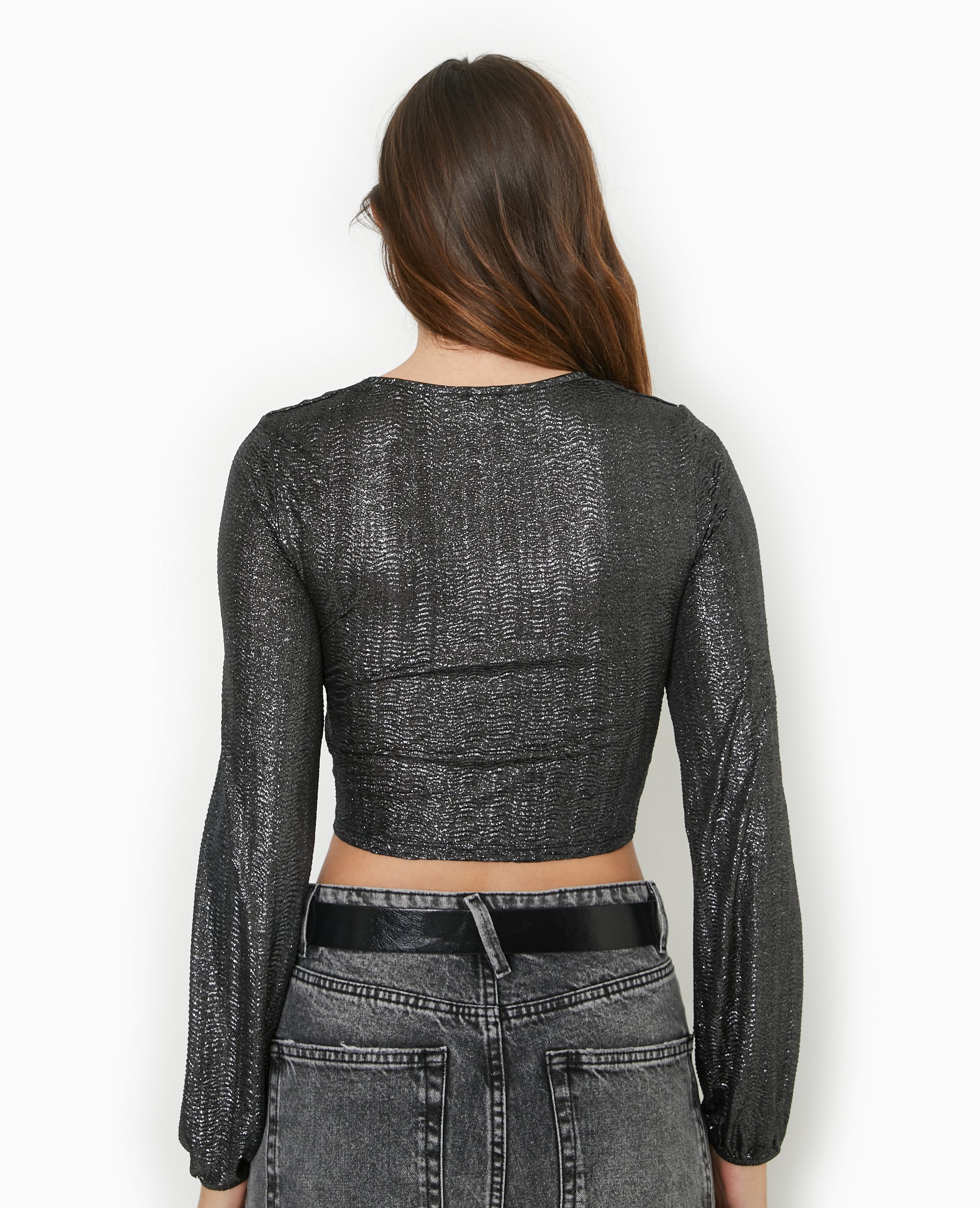 Top court en tissu texturé avec lurex doré