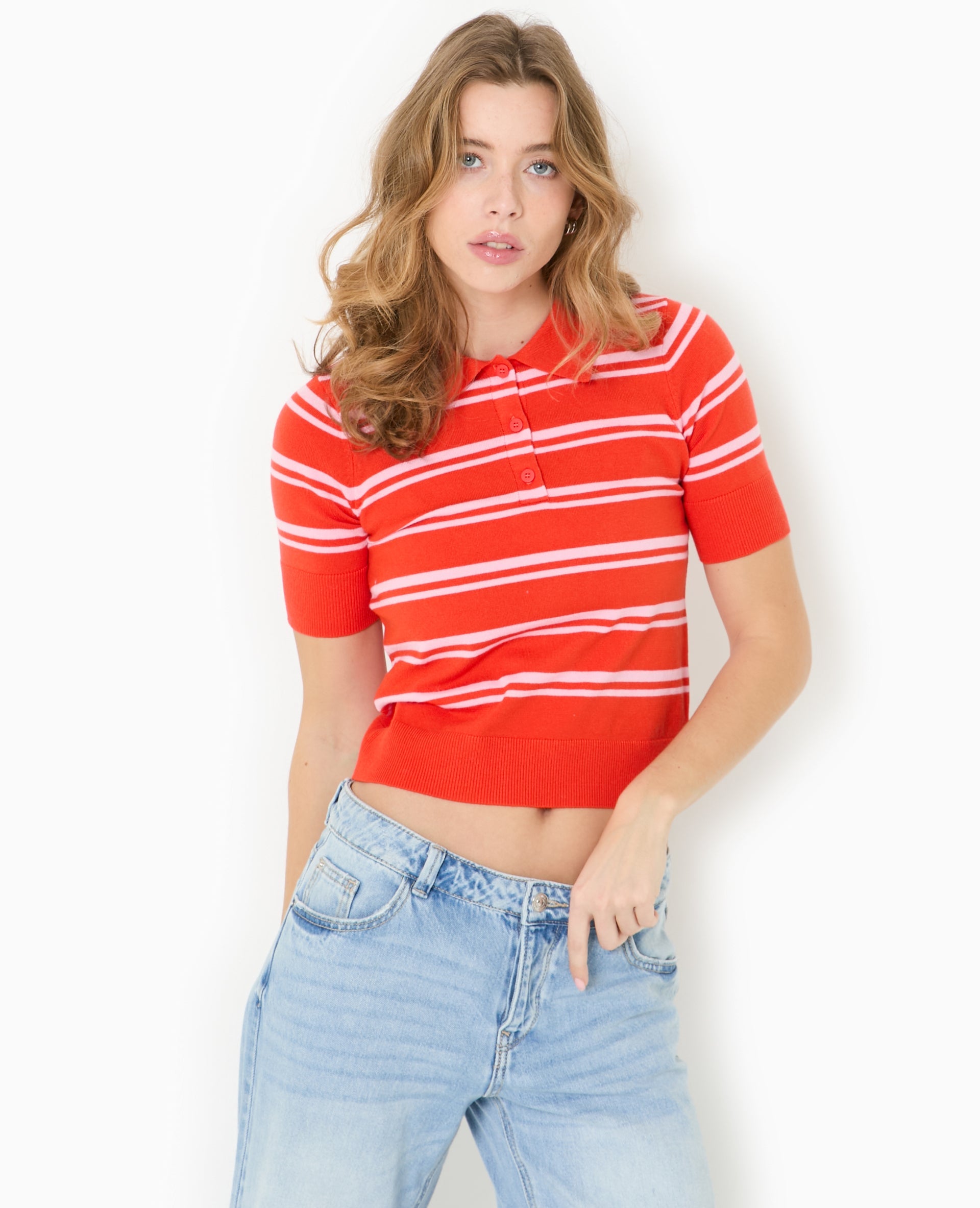 Pull manches courtes col polo motif rayures