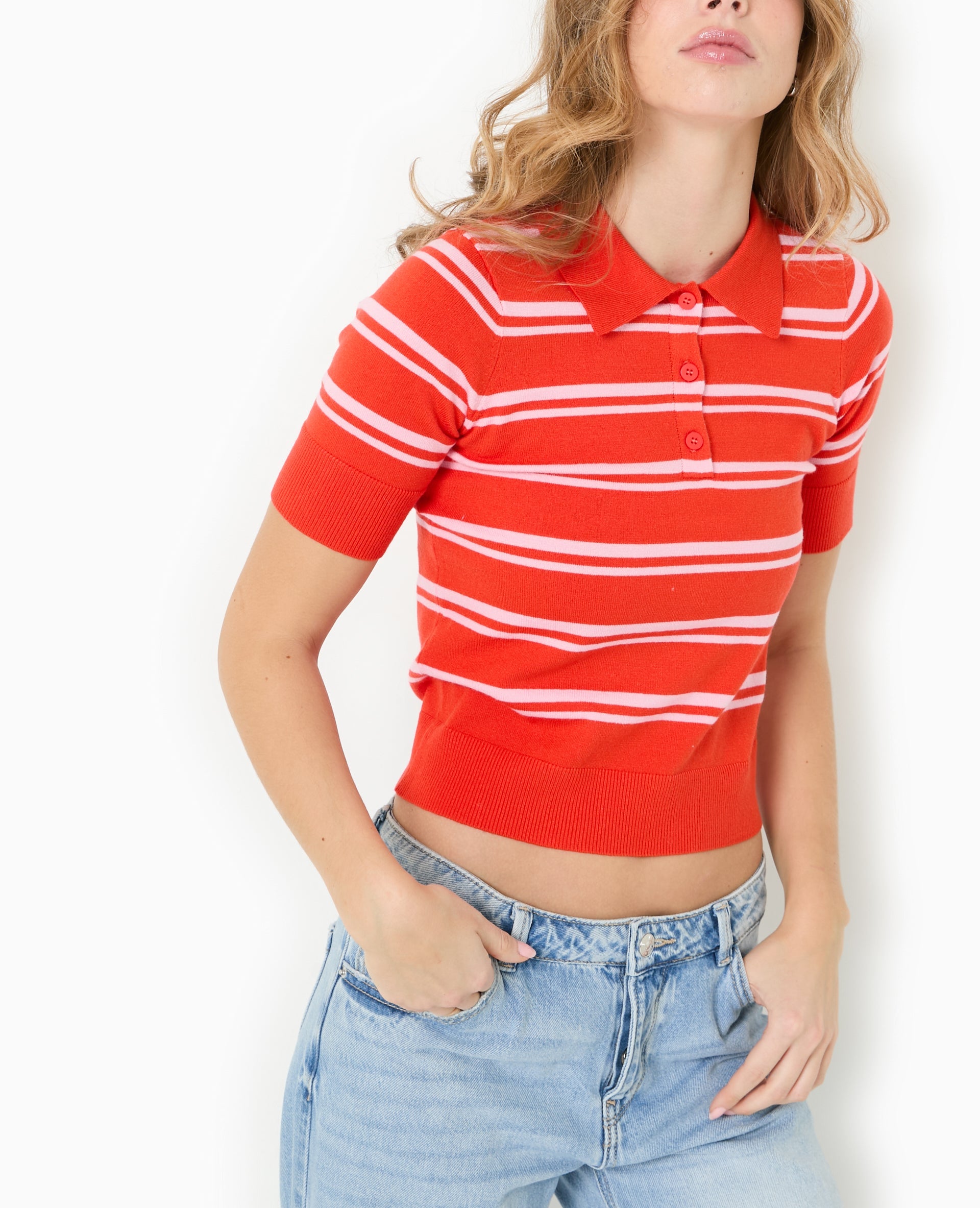 Pull manches courtes col polo motif rayures