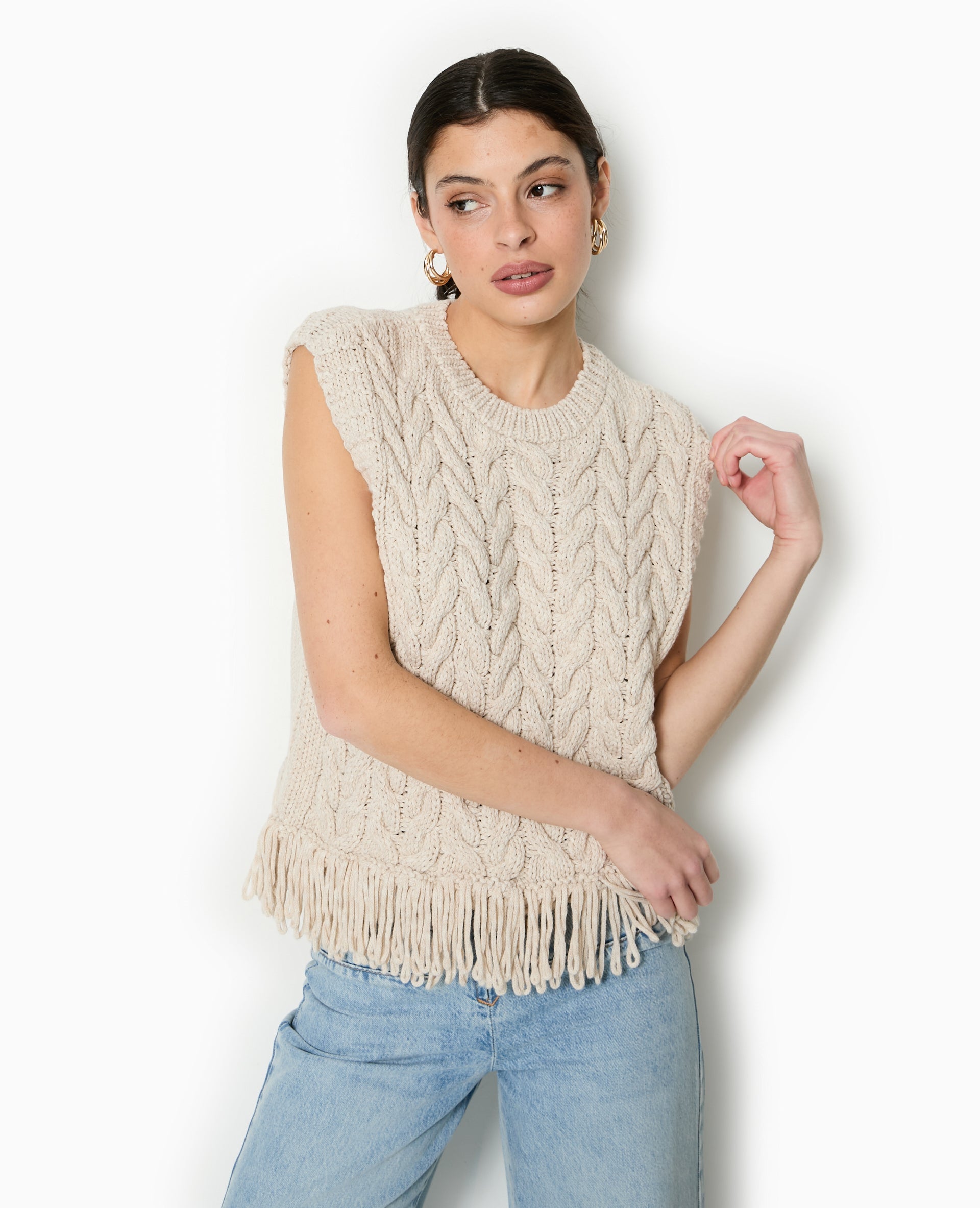 Pull sans manches maille tosadée avec franges