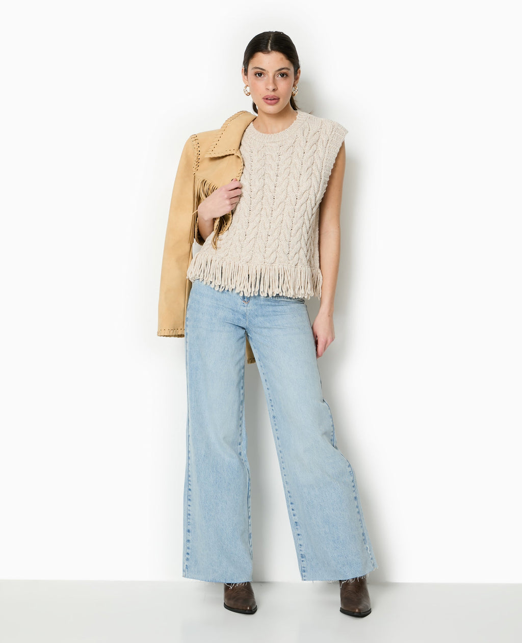 Pull sans manches maille tosadée avec franges