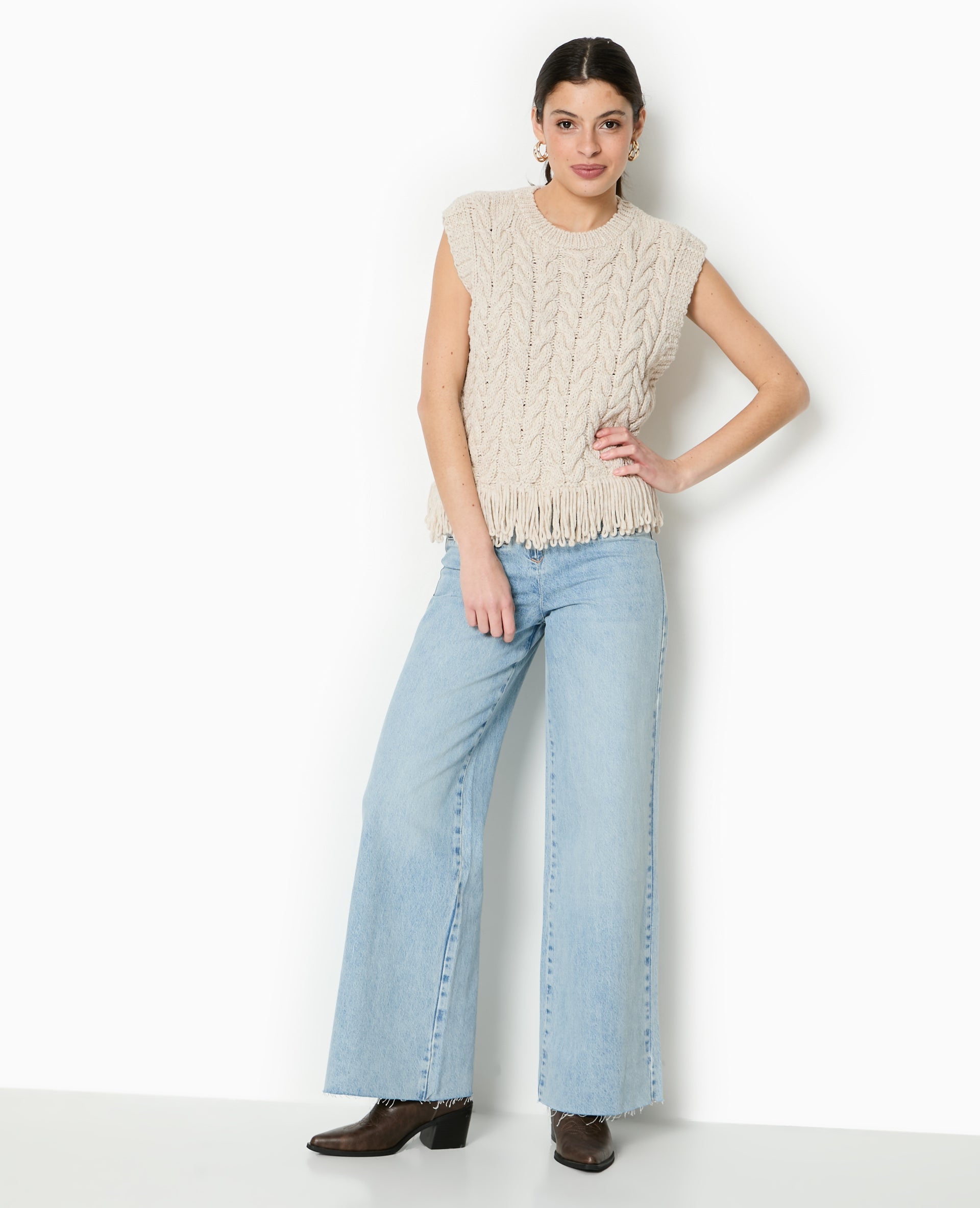 Pull sans manches maille tosadée avec franges