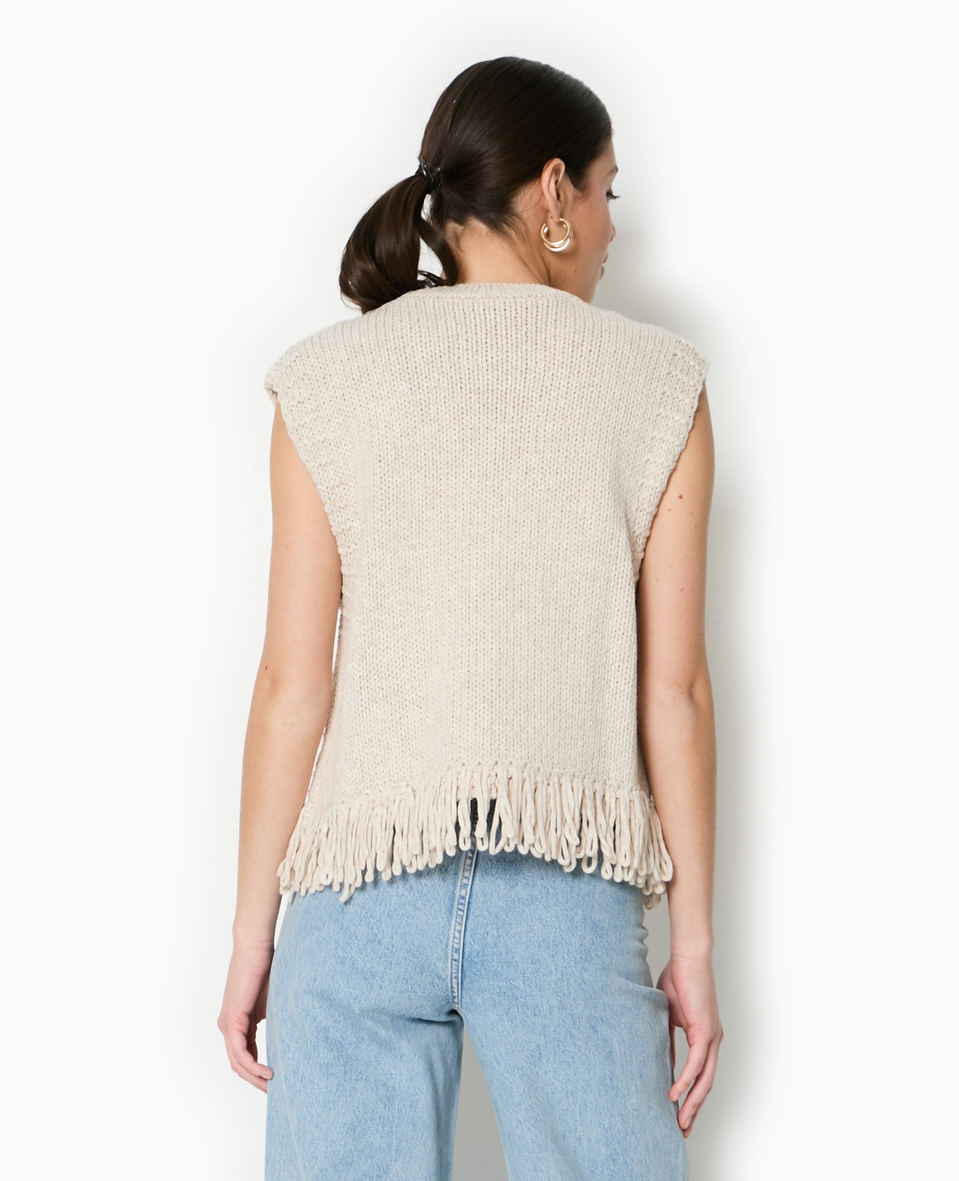 Pull sans manches maille tosadée avec franges