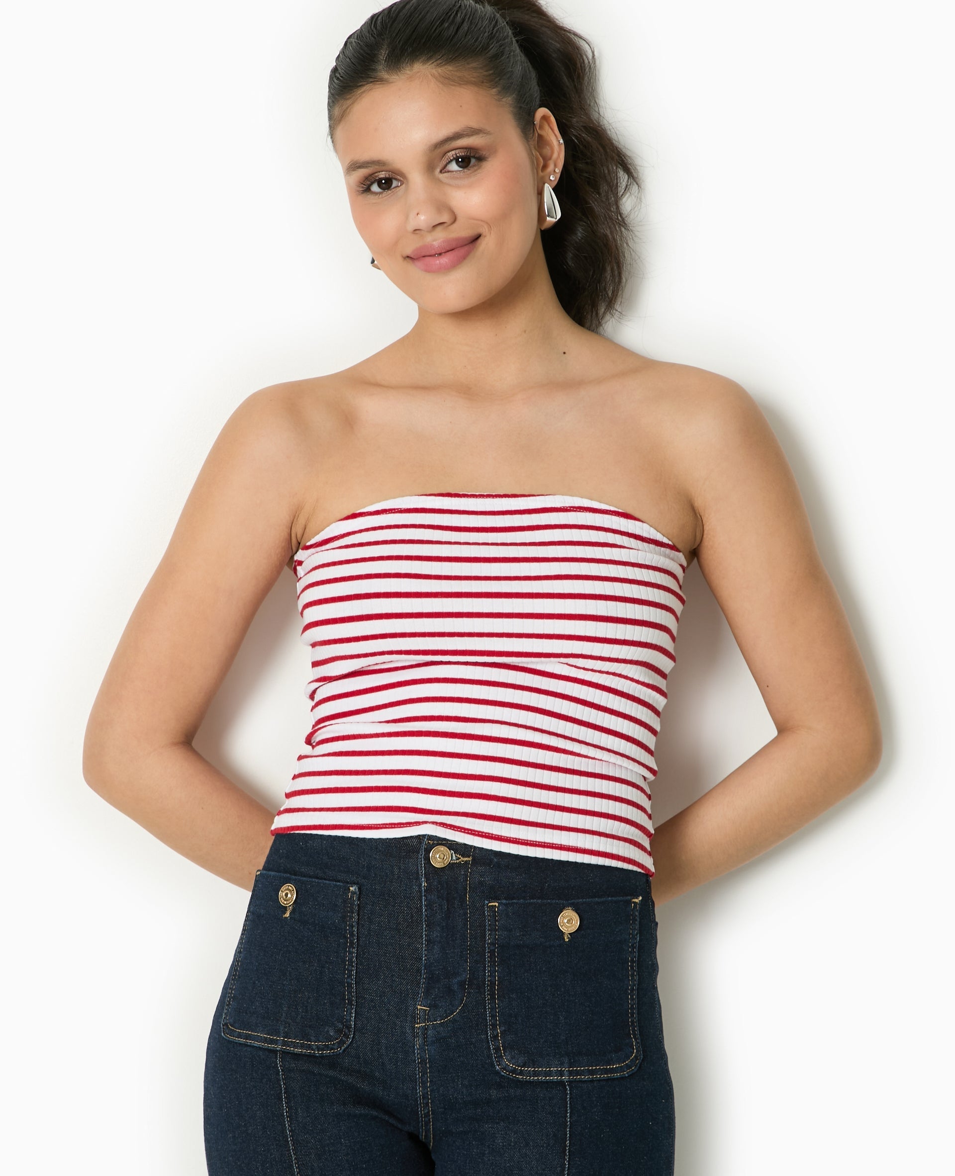 Top bandeau en maille côtelée rayée