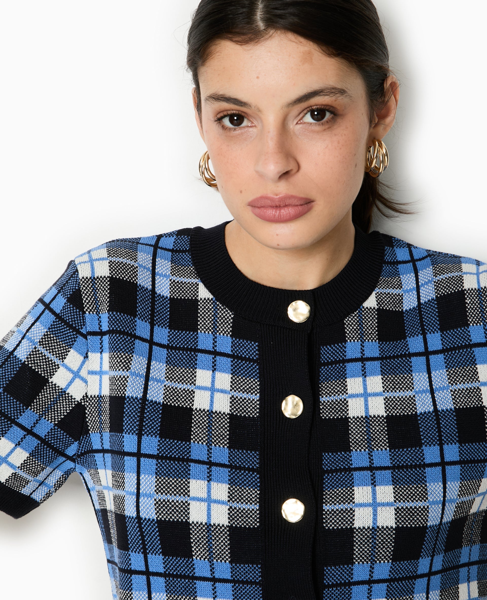 Gilet manches courtes motif carreaux jacquard