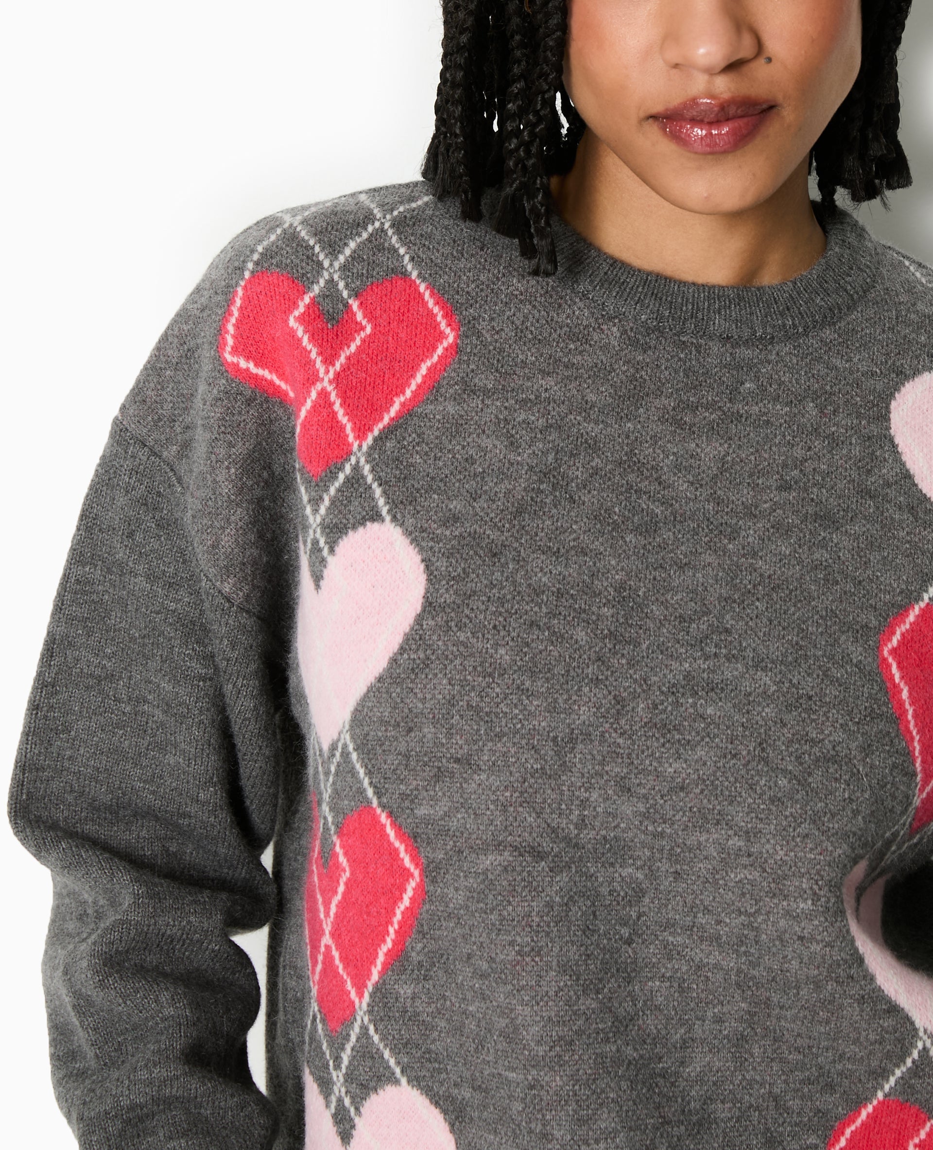 Pull col rond motif jacquard et cœurs