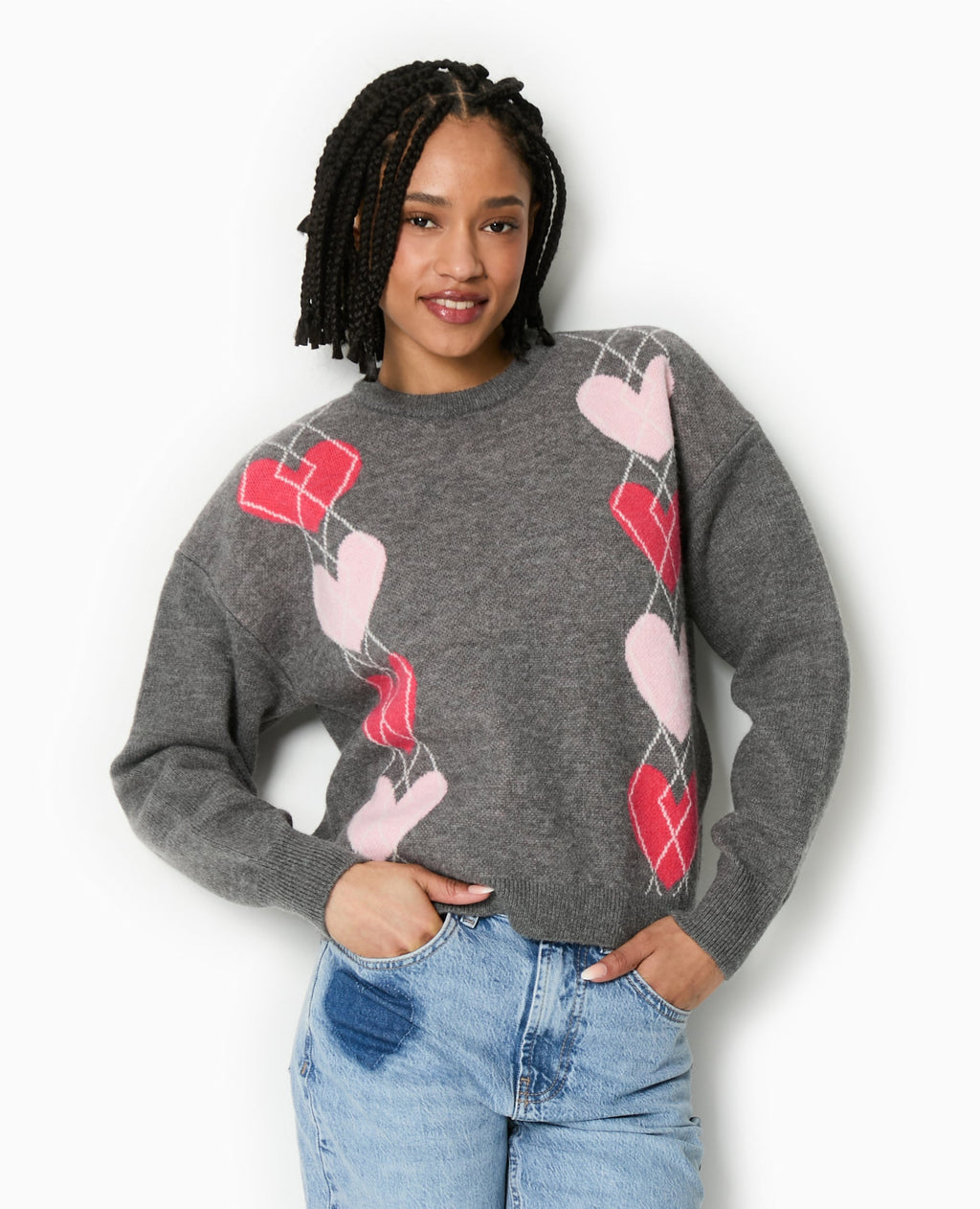 Pull col rond motif jacquard et cœurs