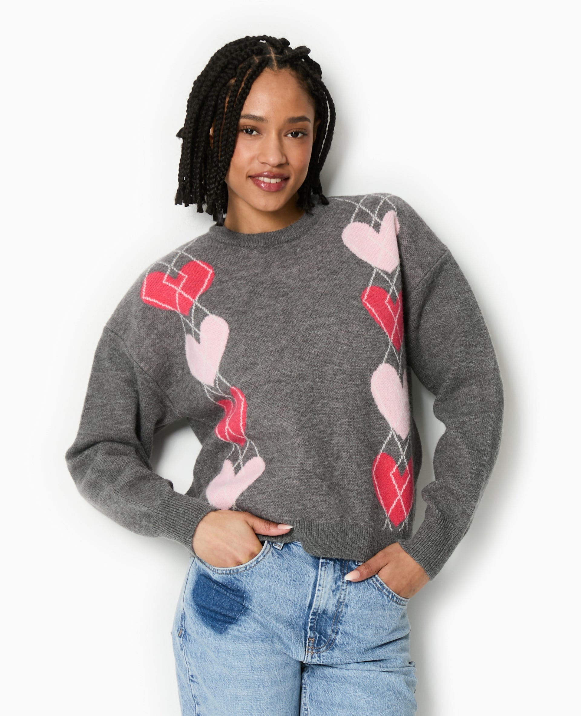 Pull col rond motif jacquard et cœurs