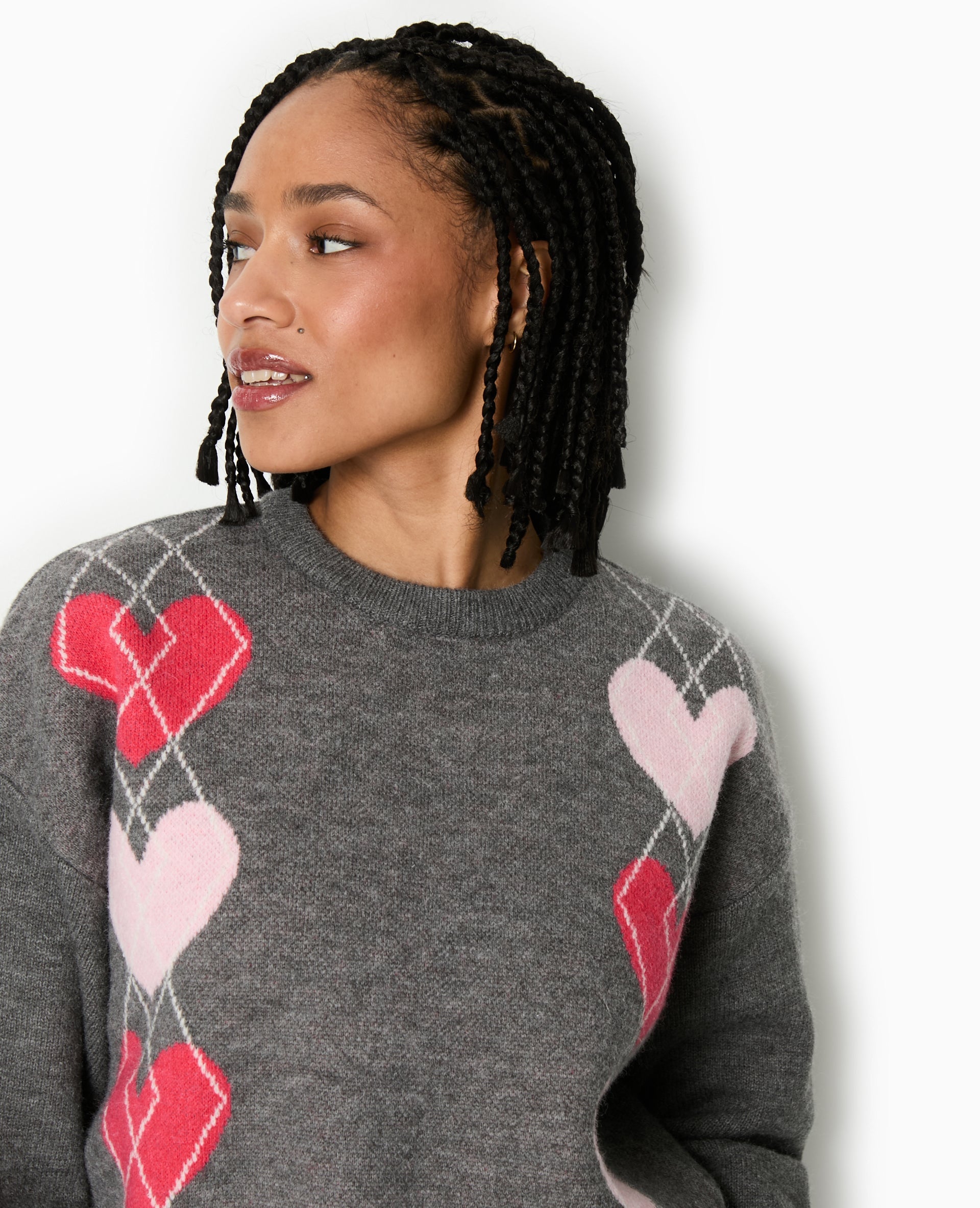 Pull col rond motif jacquard et cœurs