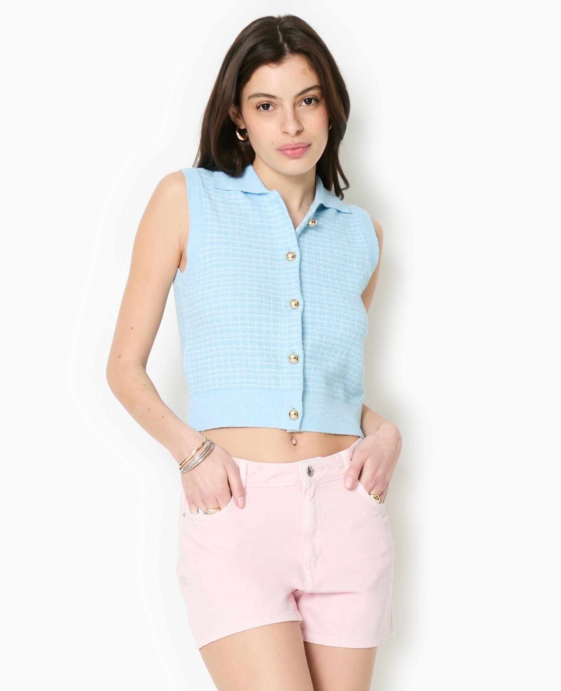 Gilet sans manches en maille à carreaux