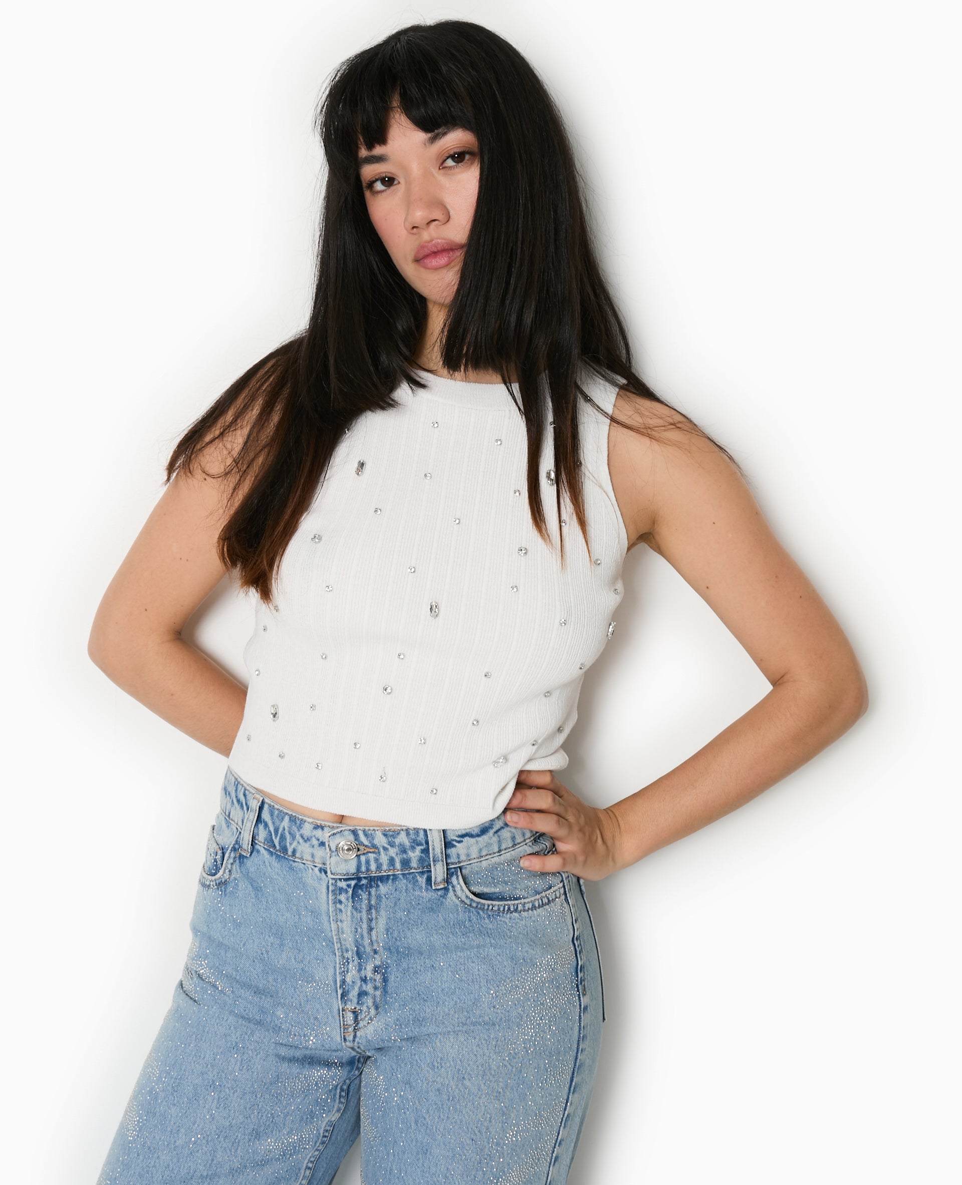 Top sans manches en maille avec strass