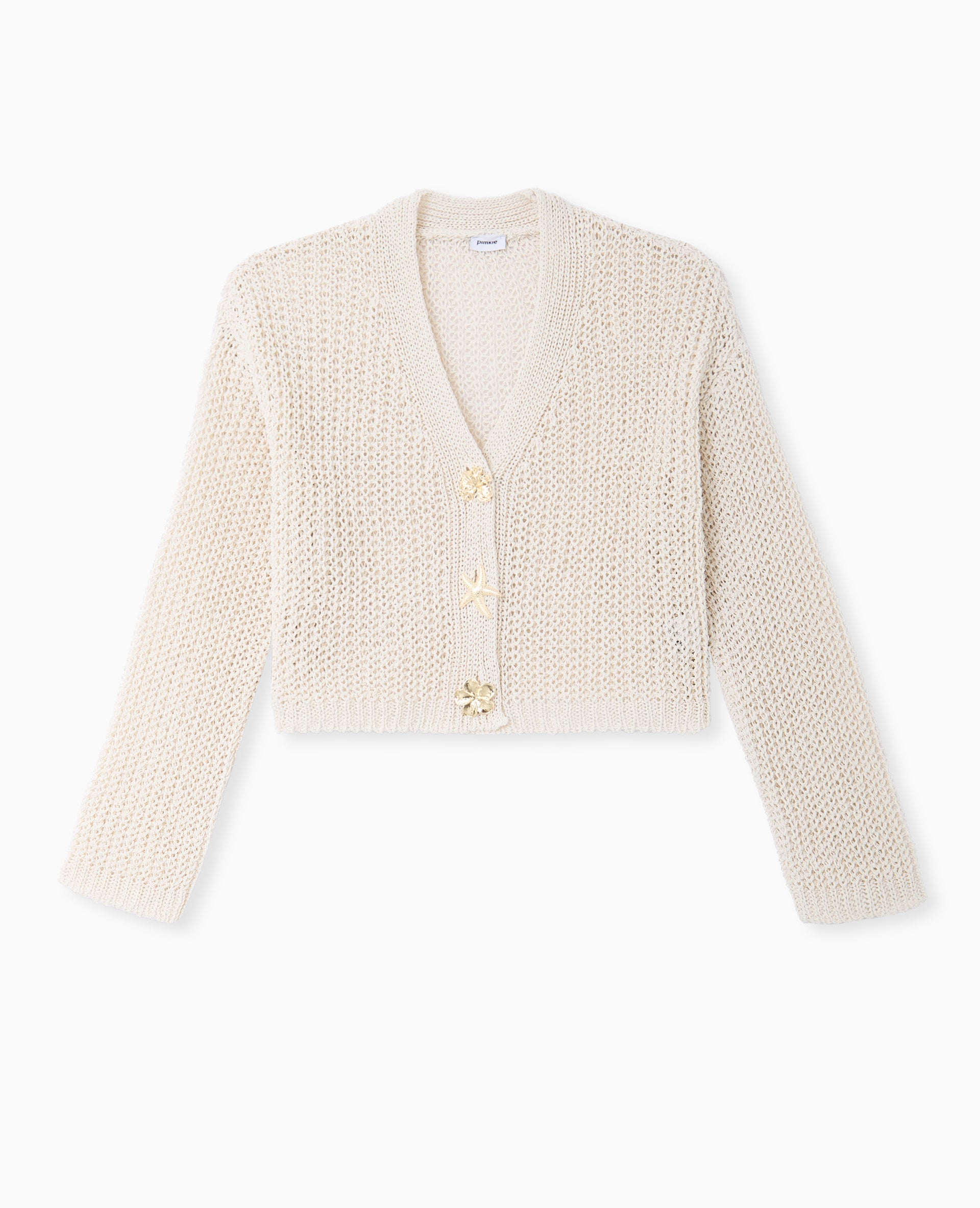 Gilet court en maille ajourée avec boutons bijoux