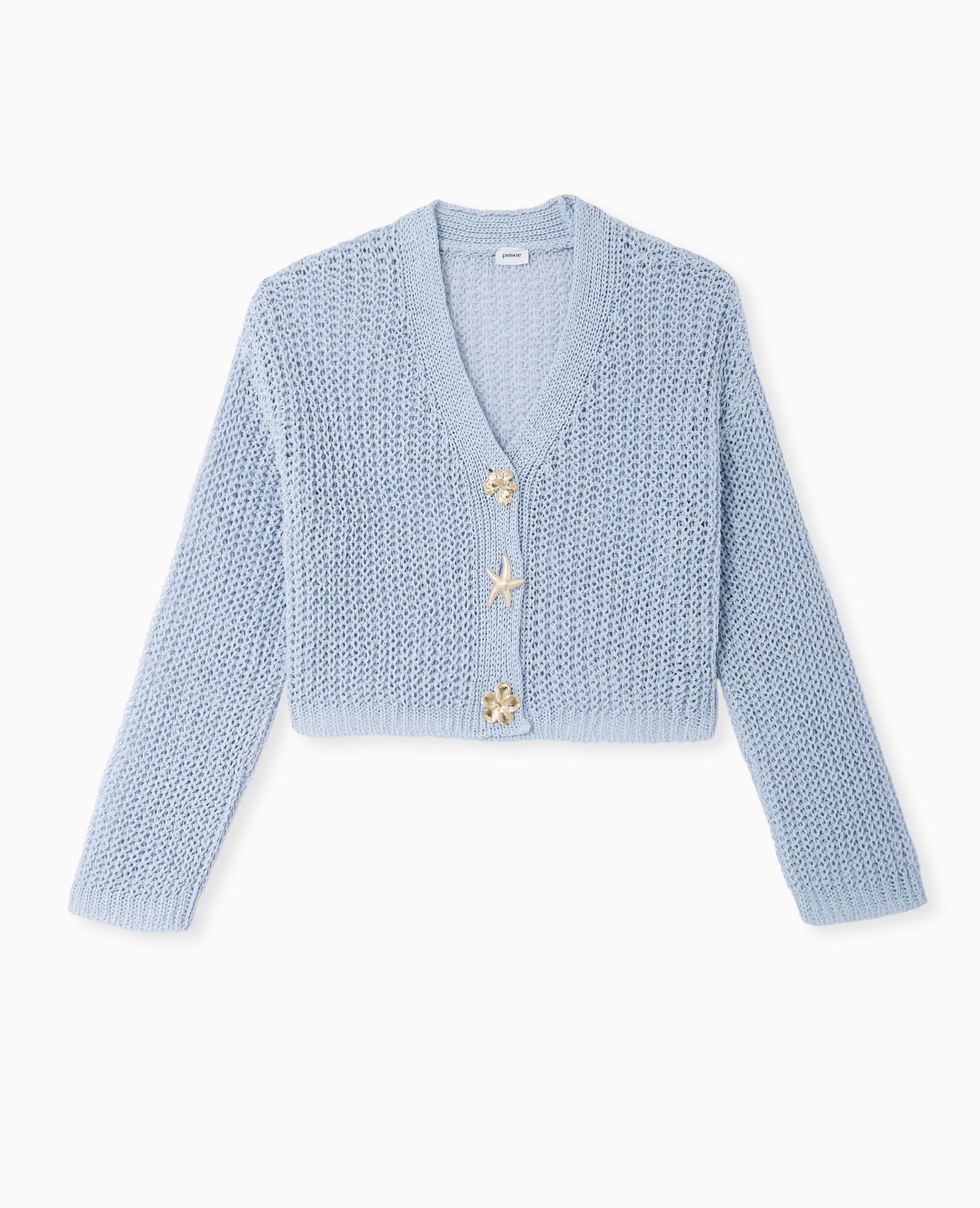 Gilet court en maille ajourée avec boutons bijoux