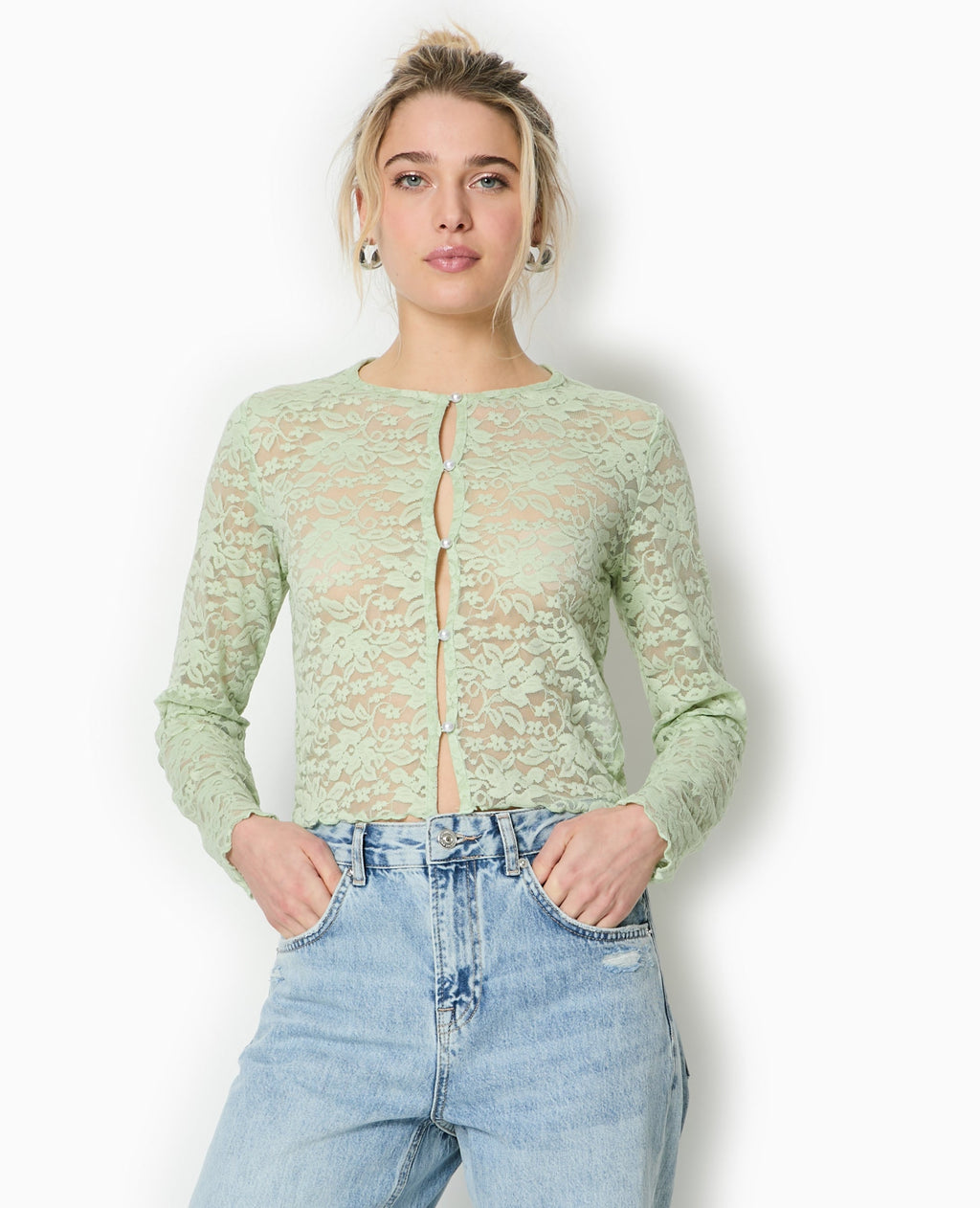 Top cardigan en dentelle avec bouton perle