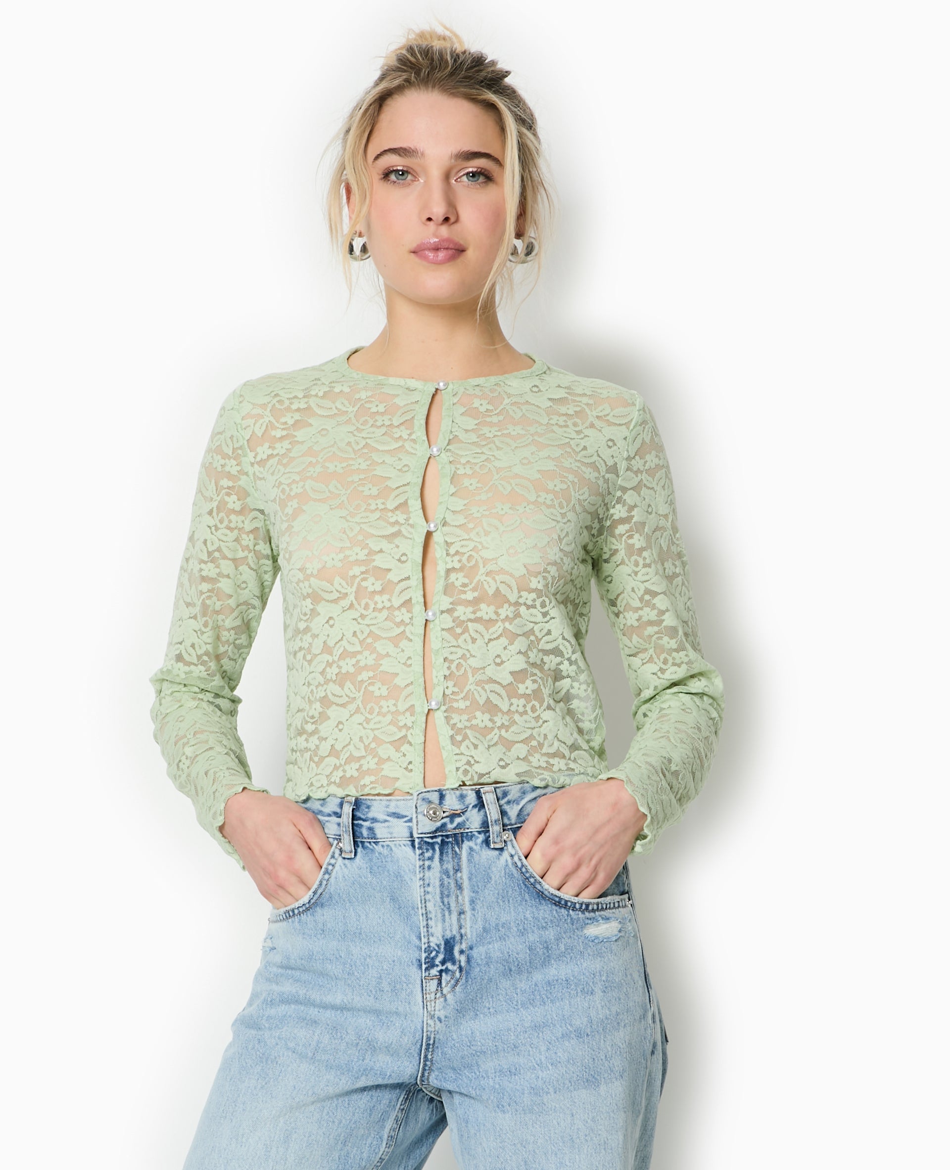 Top cardigan en dentelle avec bouton perle