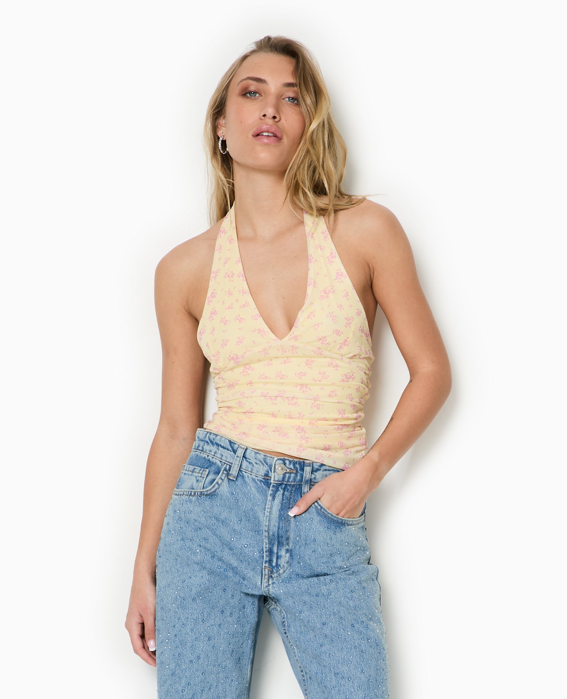 Top dos-nu en résille motif fleurs