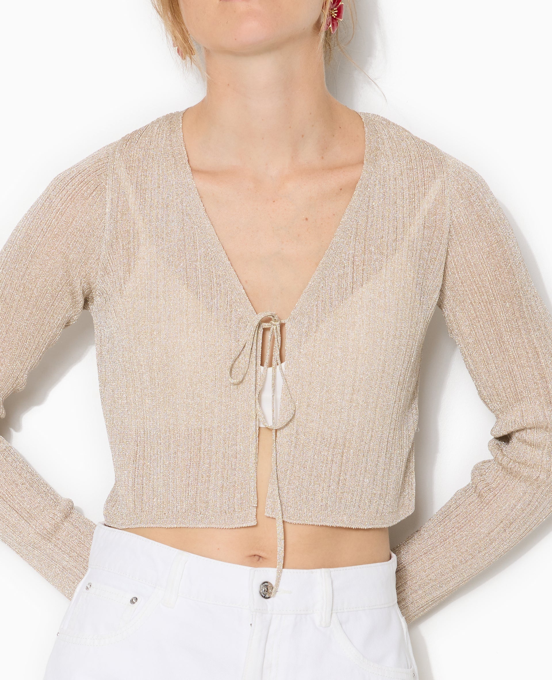 Gilet court en maille lurex avec nouette