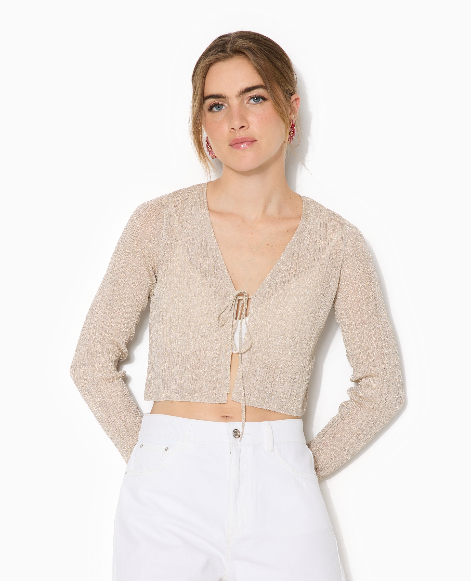 Gilet court en maille lurex avec nouette