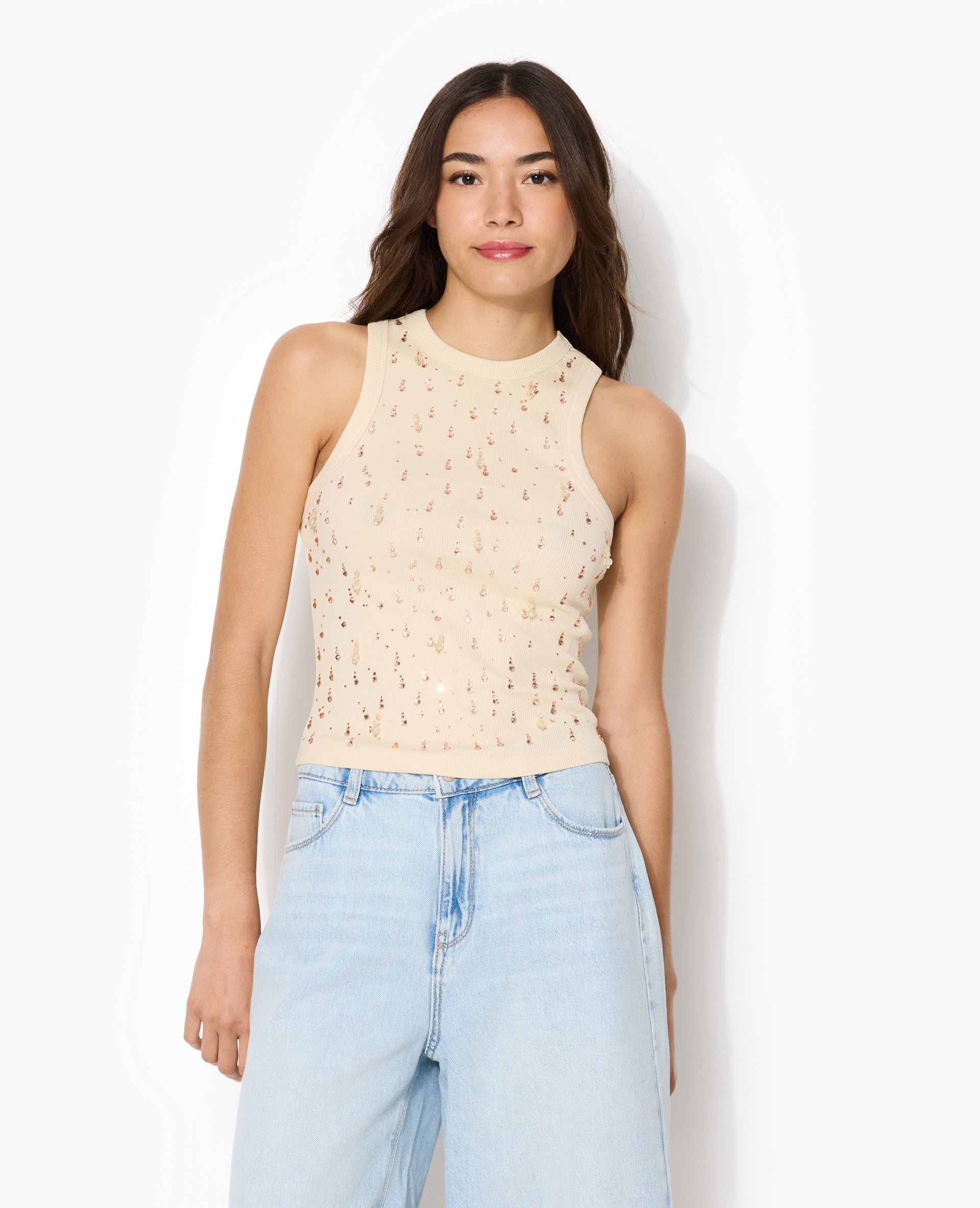 Débardeur dos nageur avec strass et perles devant