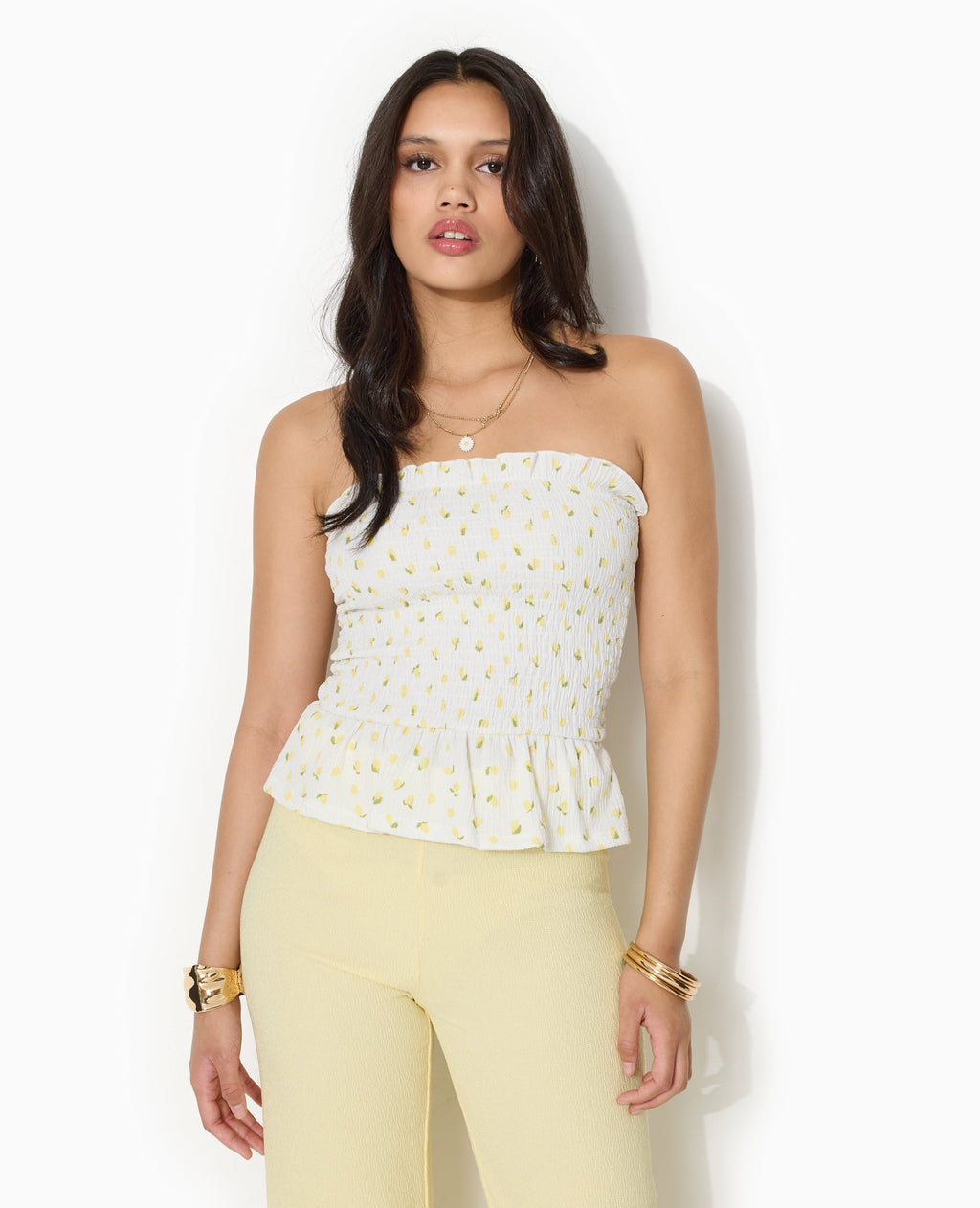 Top bandeau en smock motif citrons