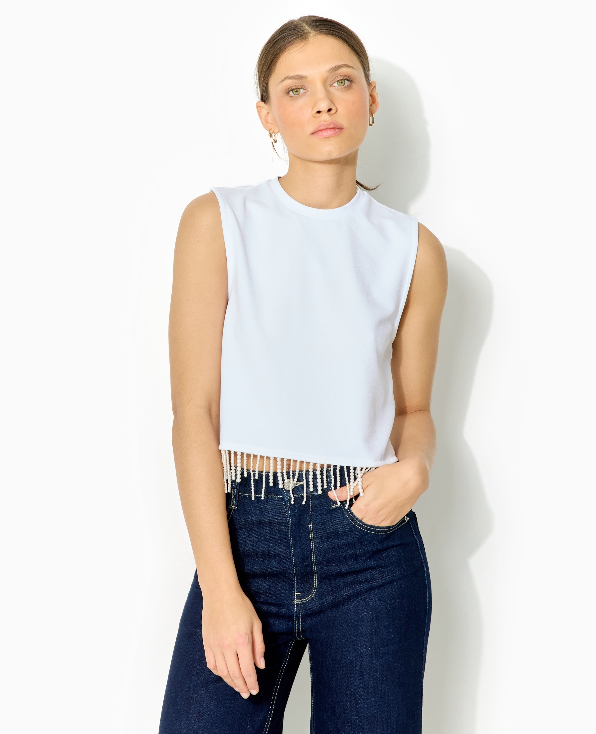 Top sans manches avec franges de perles