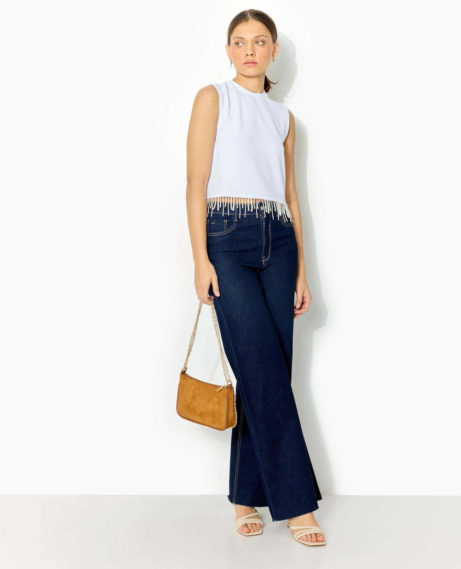 Top sans manches avec franges de perles