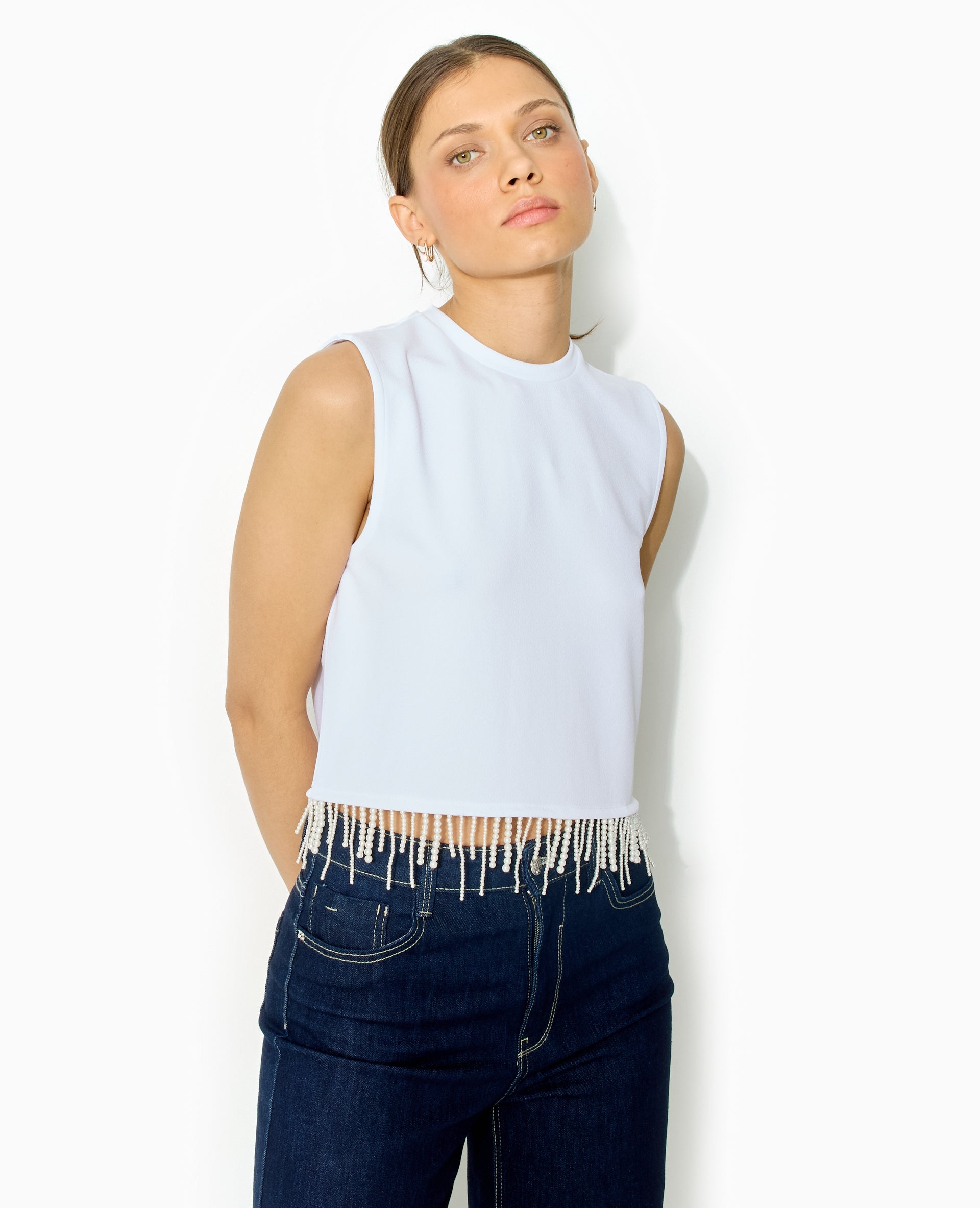 Top sans manches avec franges de perles
