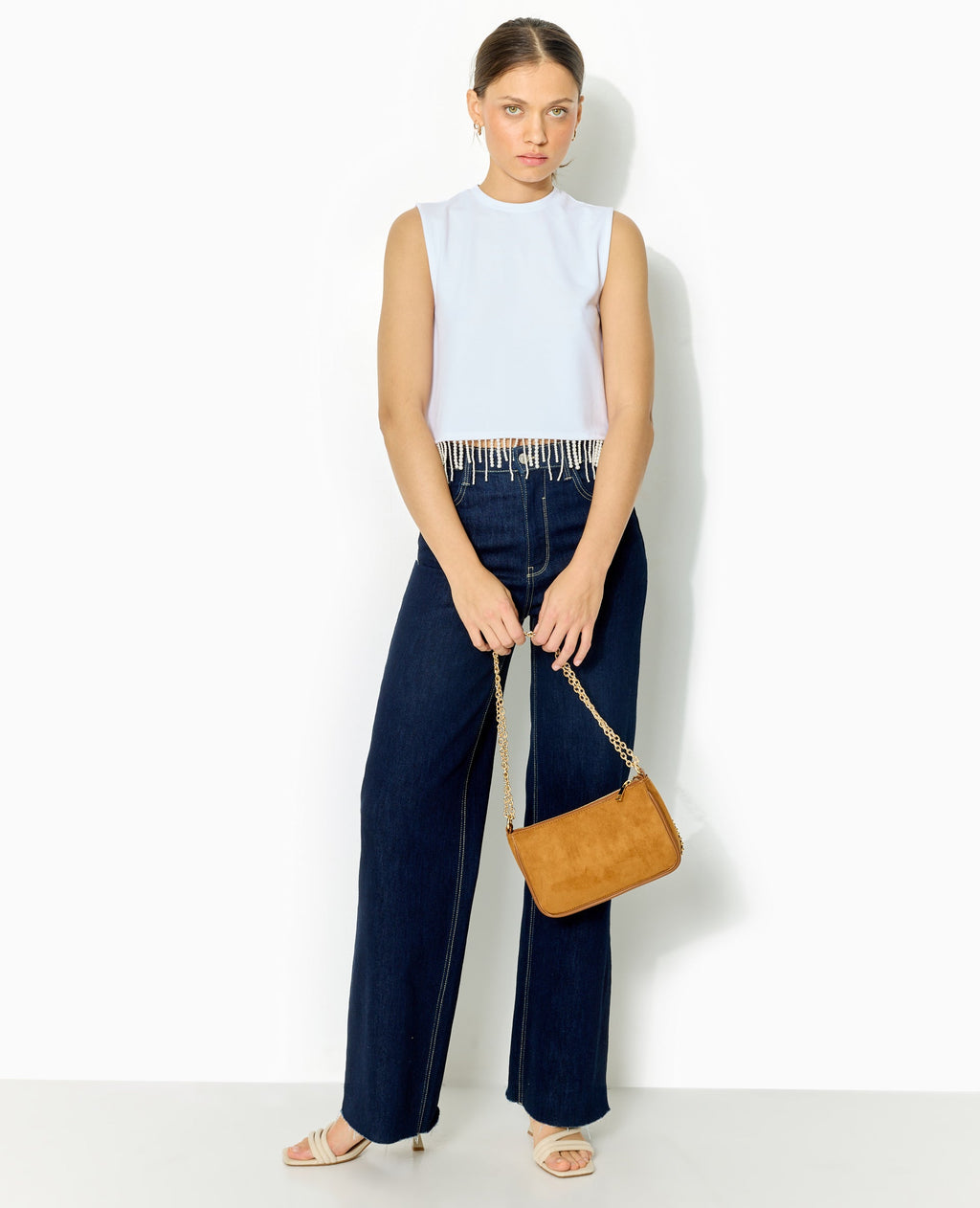 Top sans manches avec franges de perles