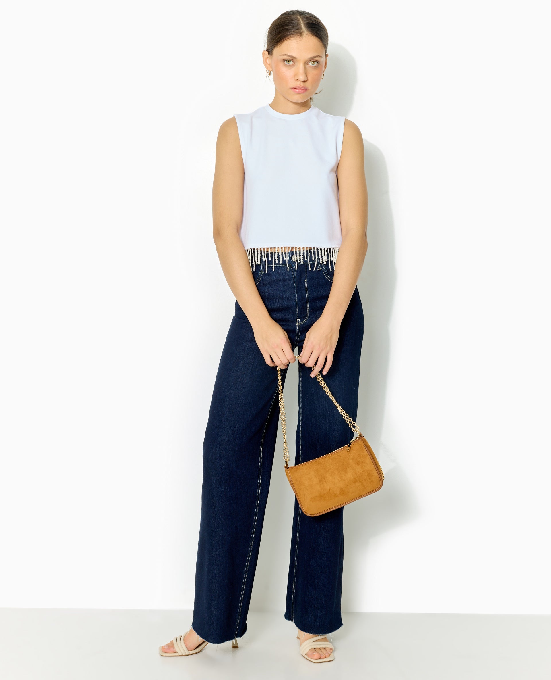 Top sans manches avec franges de perles
