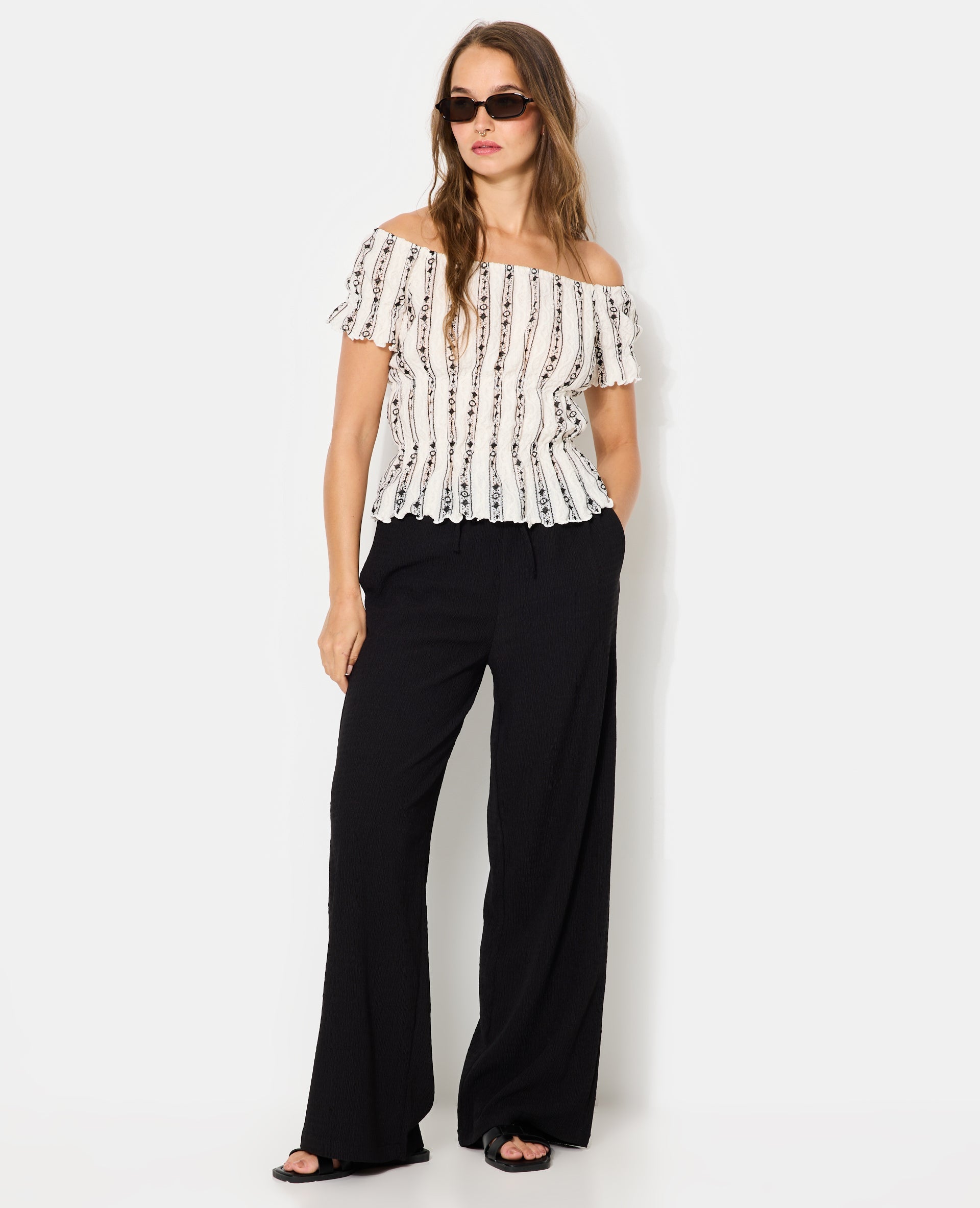 Top encolure Bardot en tissu fantaisie