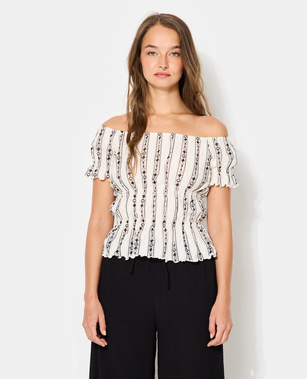 Top encolure Bardot en tissu fantaisie